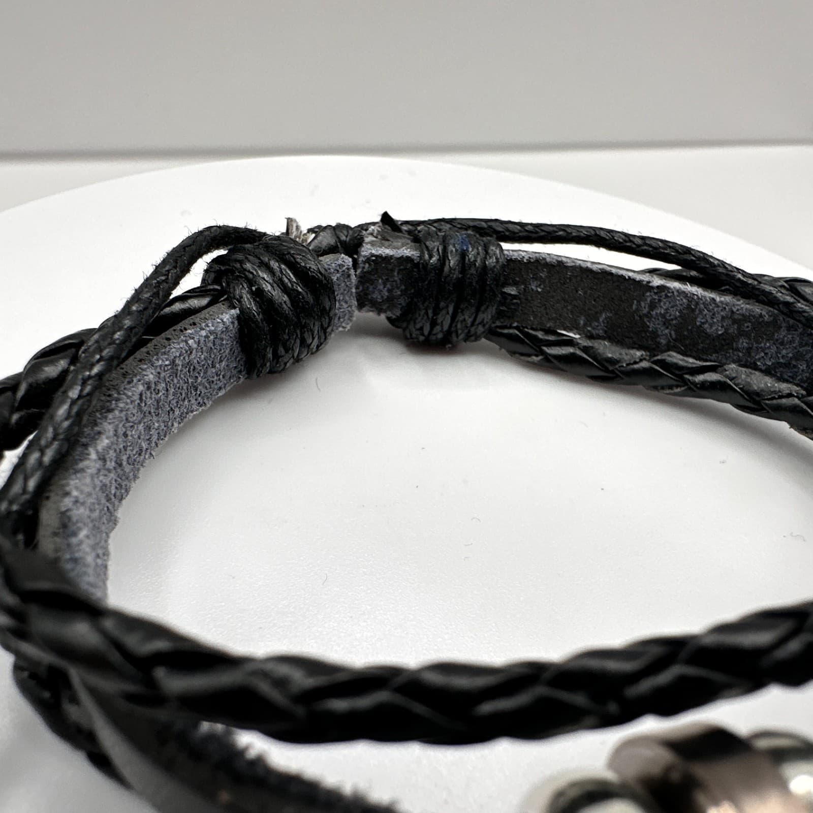 Vintage Y2K Black Braided Leather Bracelet Silver Tone Metal Beads Snap Button - Thumbnail 7