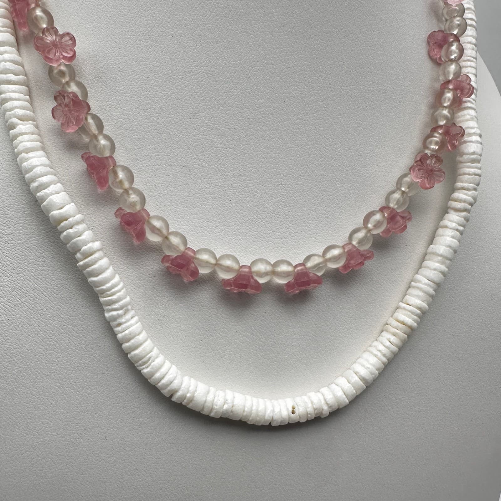 Vintage 90s Pink Floral White Beaded Necklace Set Silver Tone Women's Jewelry - Thumbnail 2
