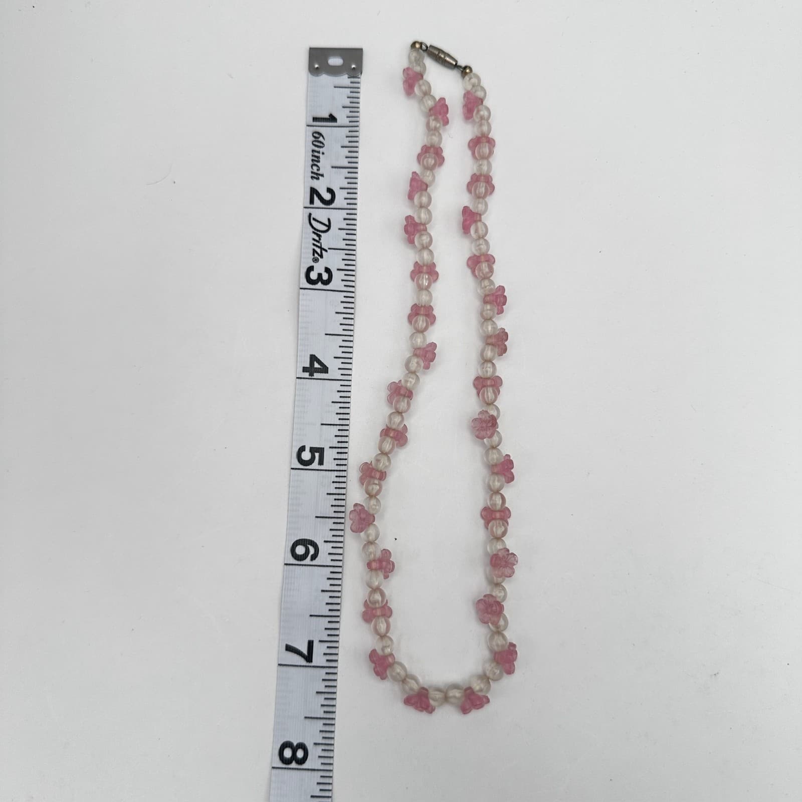 Vintage 90s Pink Floral White Beaded Necklace Set Silver Tone Women's Jewelry - Thumbnail 8