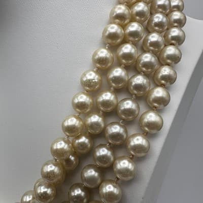 Vintage 90s Trio Strand Faux Pearl Necklace Cream Statement Women's Jewlery - Thumbnail 5