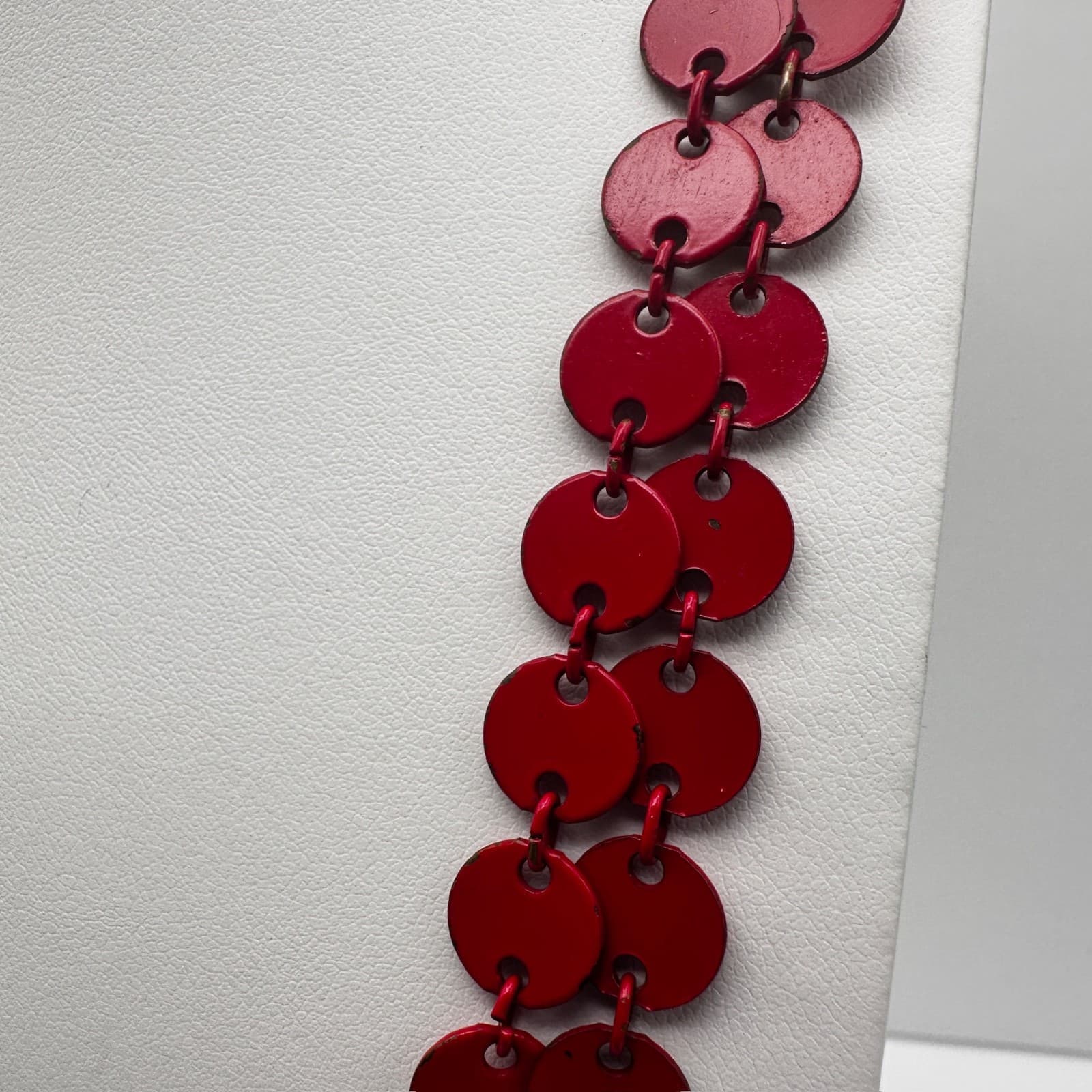 Vintage 90s Red Enamel Disc Long Chain Necklace Bronze Tone Women's Jewelry - Thumbnail 3