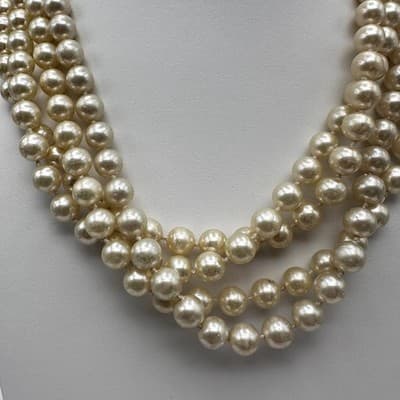 Vintage 90s Trio Strand Faux Pearl Necklace Cream Statement Women's Jewlery - Thumbnail 2