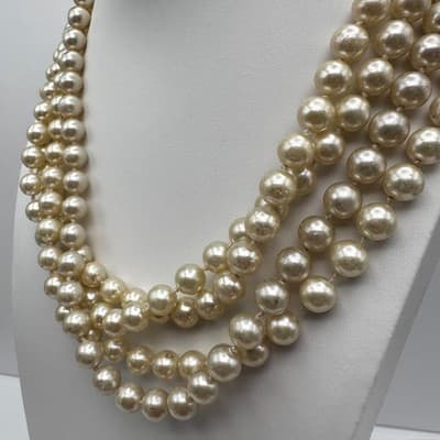 Vintage 90s Trio Strand Faux Pearl Necklace Cream Statement Women's Jewlery - Thumbnail 4