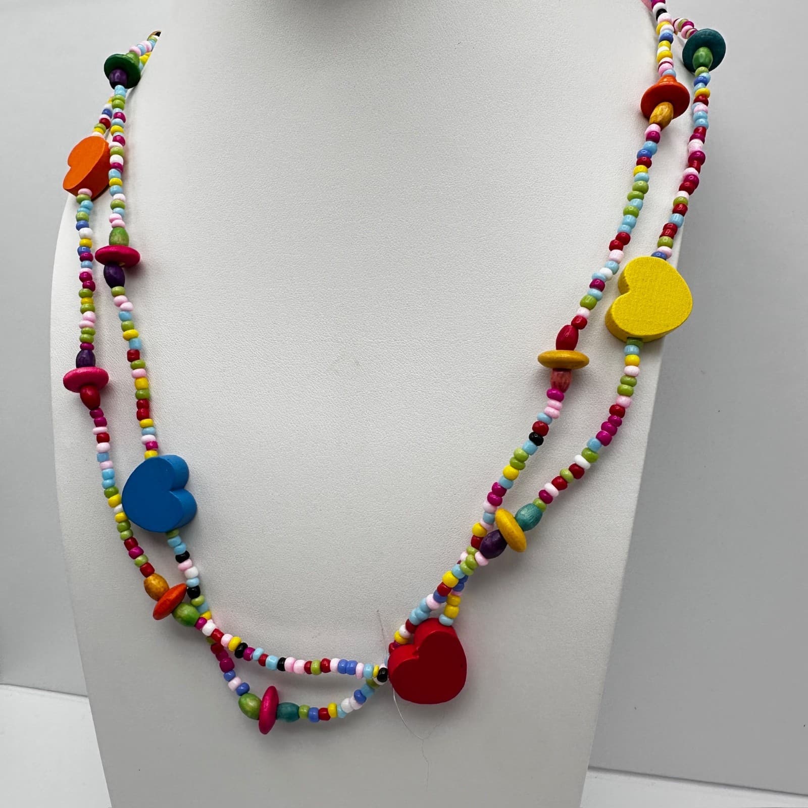 Vintage 90s Multi Color Wood Heart Beaded Necklace Rainbow Boho Long Layering - Thumbnail 4