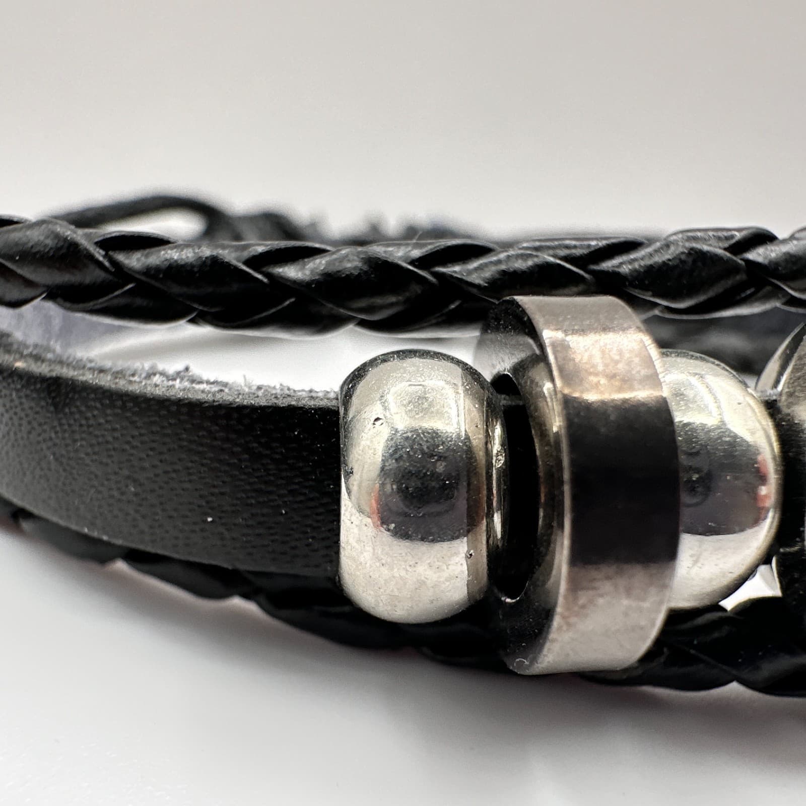 Vintage Y2K Black Braided Leather Bracelet Silver Tone Metal Beads Snap Button - Thumbnail 3