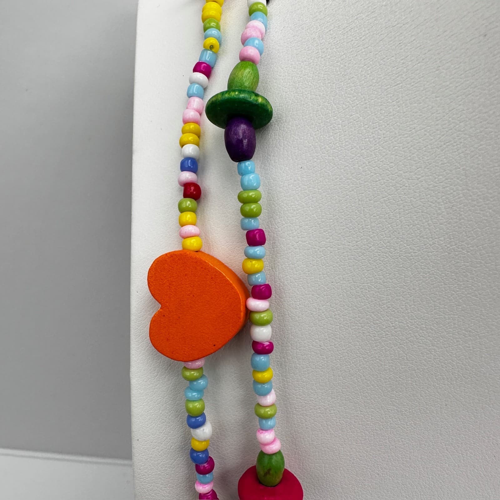 Vintage 90s Multi Color Wood Heart Beaded Necklace Rainbow Boho Long Layering - Thumbnail 8