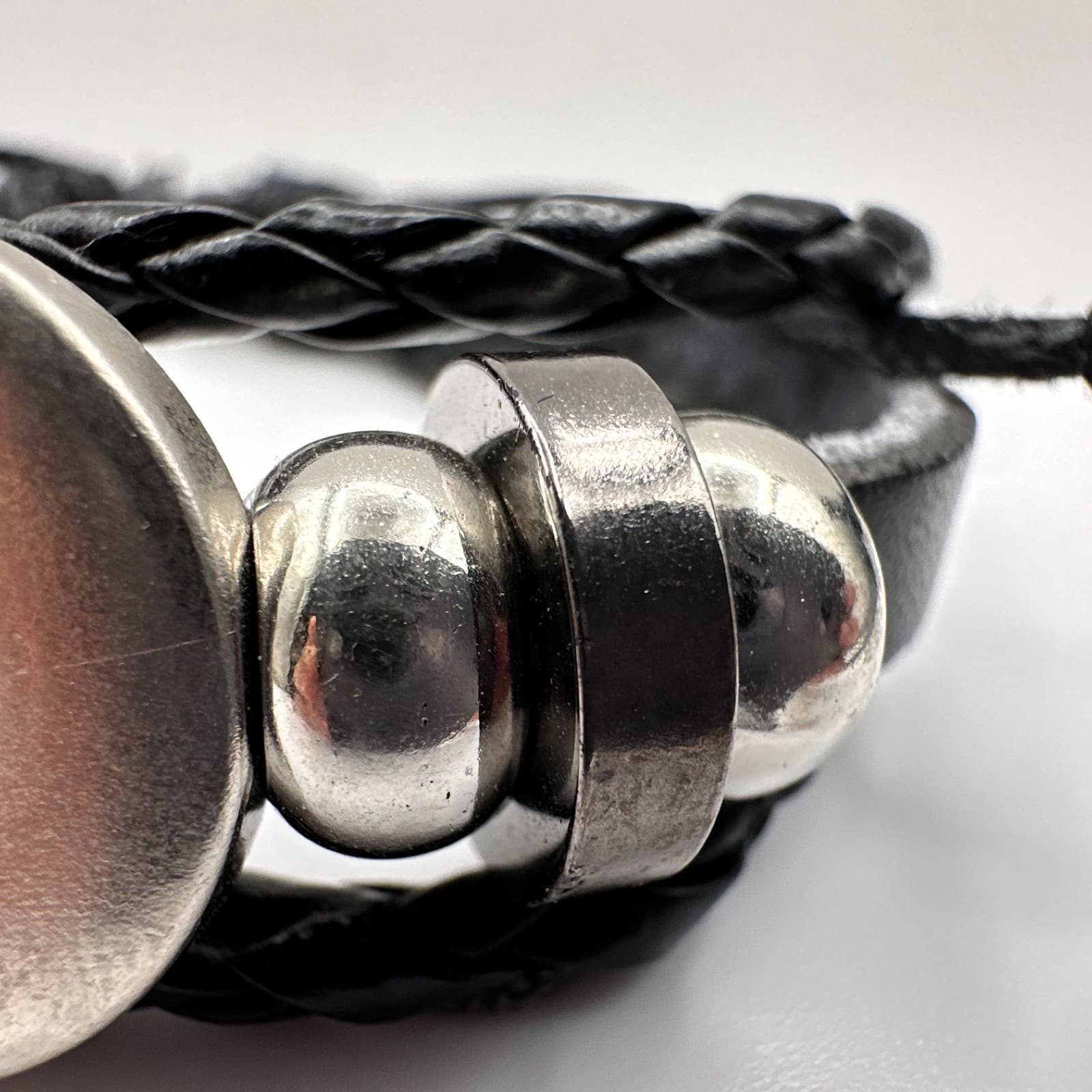 Vintage Y2K Black Braided Leather Bracelet Silver Tone Metal Beads Snap Button - Thumbnail 5