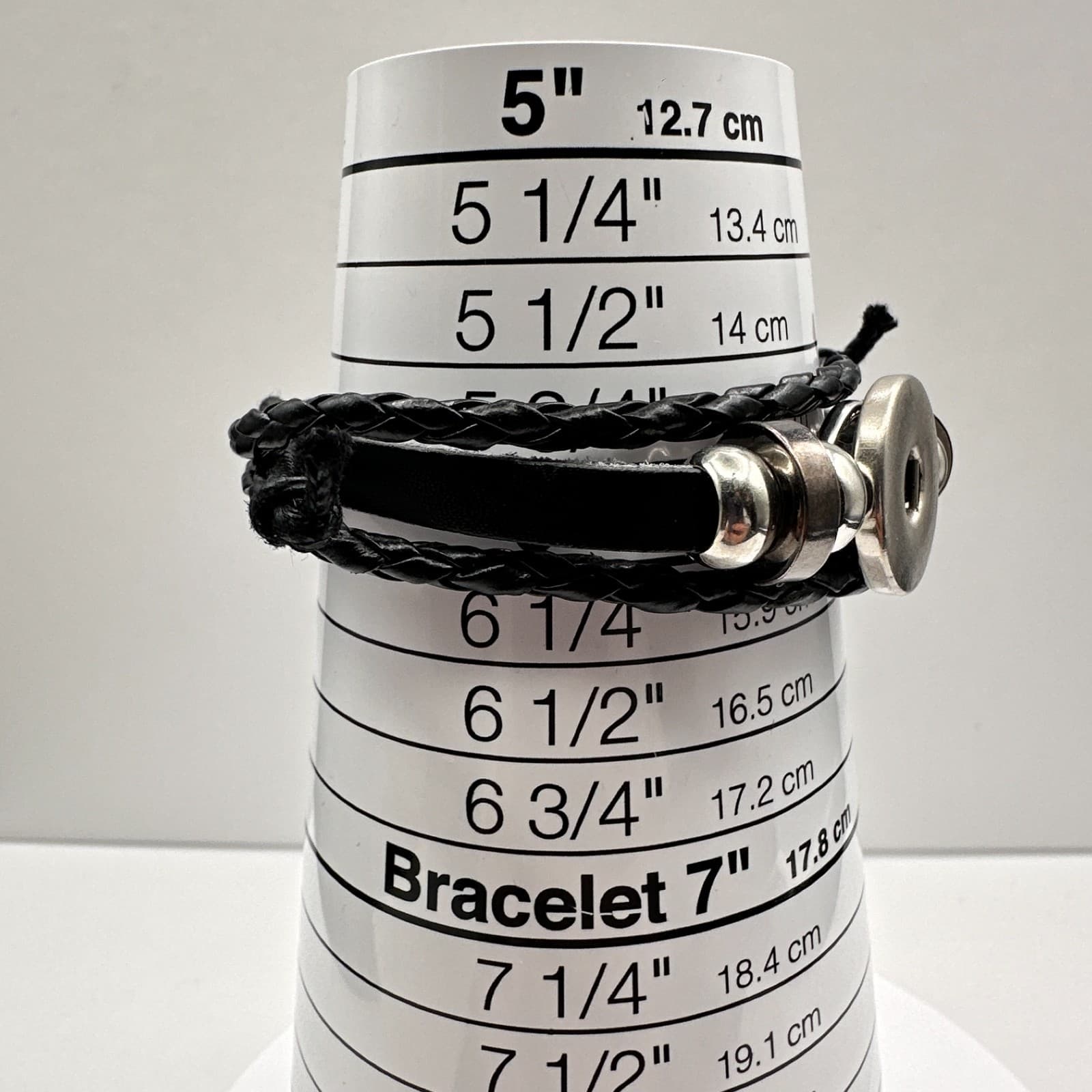 Vintage Y2K Black Braided Leather Bracelet Silver Tone Metal Beads Snap Button - Thumbnail 8