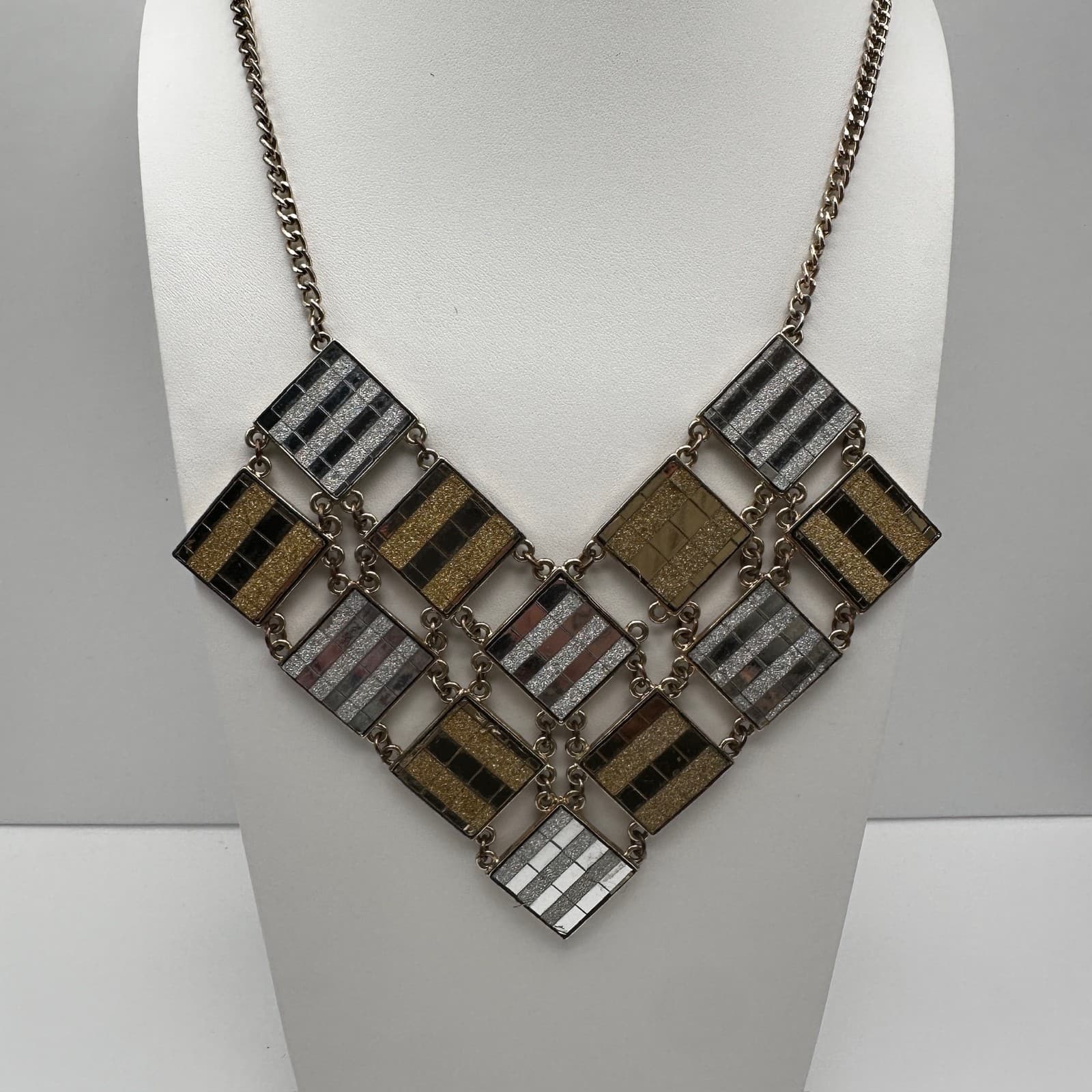 Vintage 90s Geometric Bib Necklace Gold Silver Tone Glitter Link Chain Jewelry - Image 1