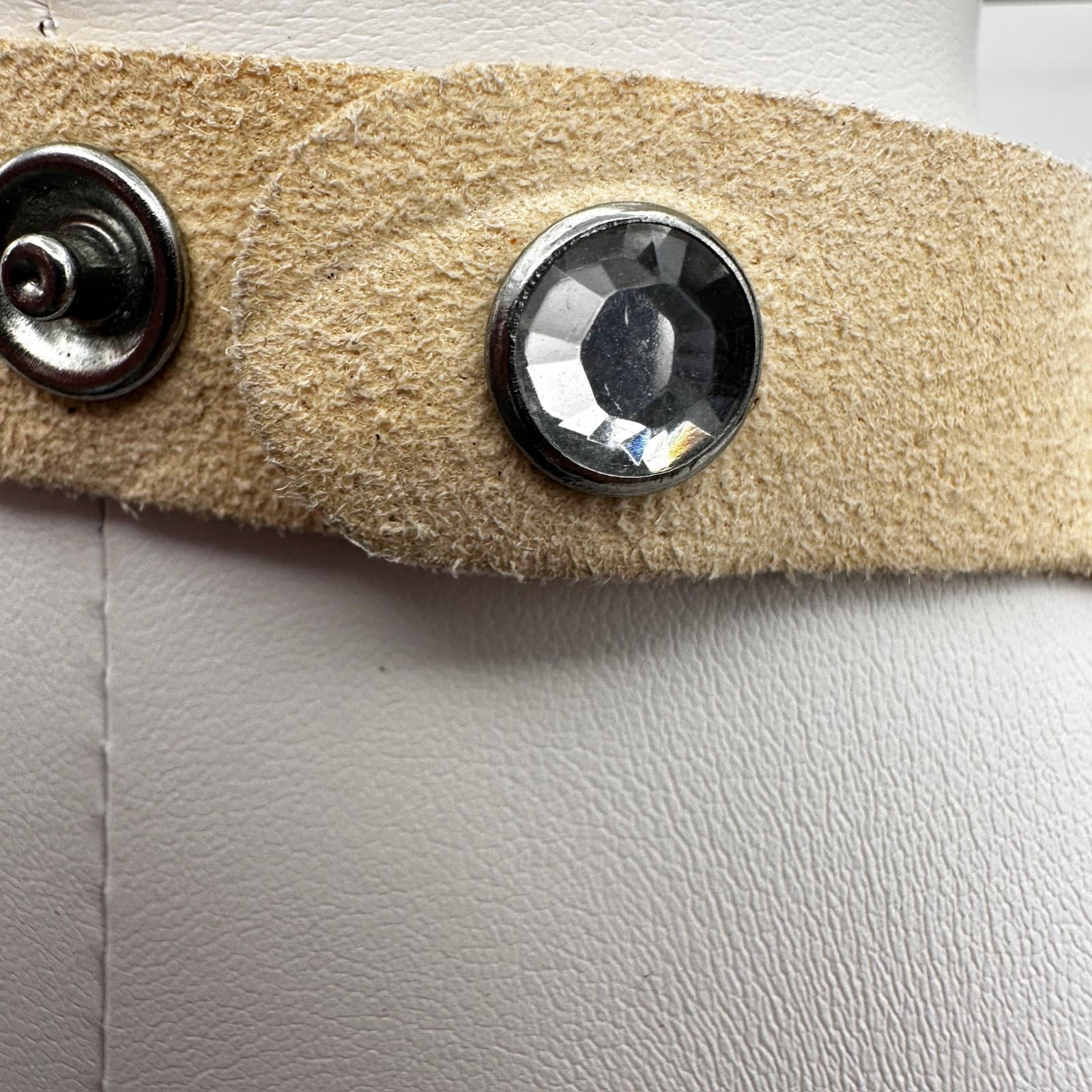 Vintage 90s Tan Suede Leather Multi-Strand Rhinestone Choker Necklace Women's - Thumbnail 8