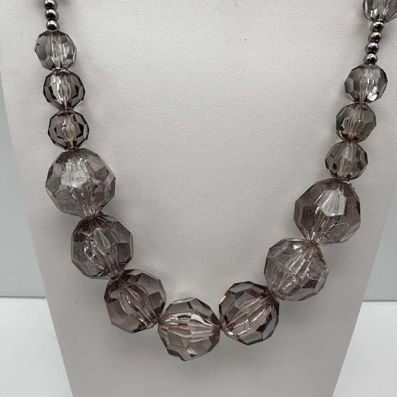 Vintage 90s Smokey Gray Glass Bead Necklace Silver Tone Statement Jewelry - Thumbnail 2