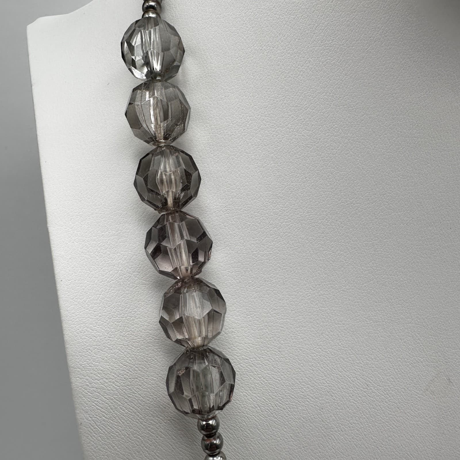Vintage 90s Smokey Gray Glass Bead Necklace Silver Tone Statement Jewelry - Thumbnail 5