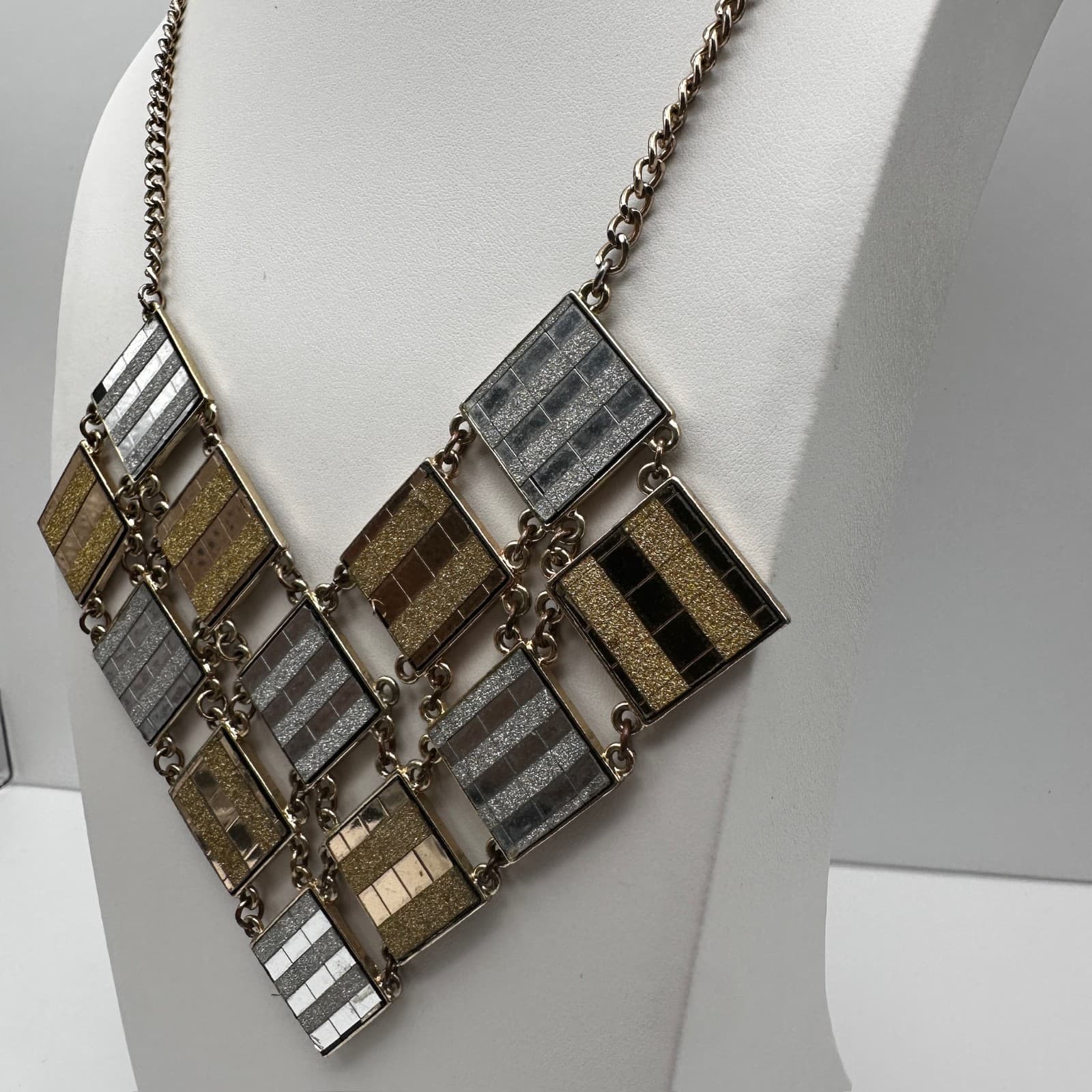 Vintage 90s Geometric Bib Necklace Gold Silver Tone Glitter Link Chain Jewelry - Thumbnail 8
