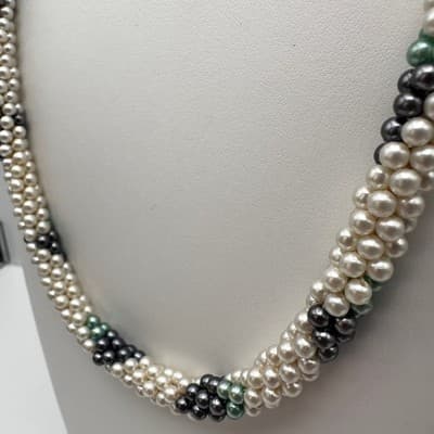 Vintage 80s Faux Pearl Twisted Rope Necklace & Earrings Set Silver Tone Women's - Thumbnail 9