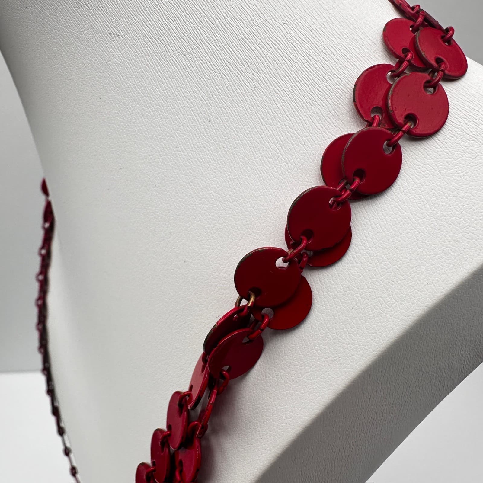 Vintage 90s Red Enamel Disc Long Chain Necklace Bronze Tone Women's Jewelry - Thumbnail 4