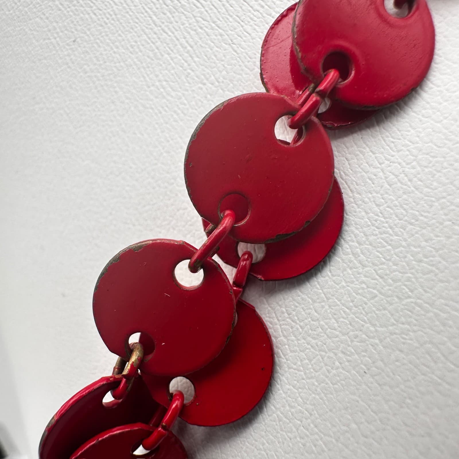 Vintage 90s Red Enamel Disc Long Chain Necklace Bronze Tone Women's Jewelry - Thumbnail 5