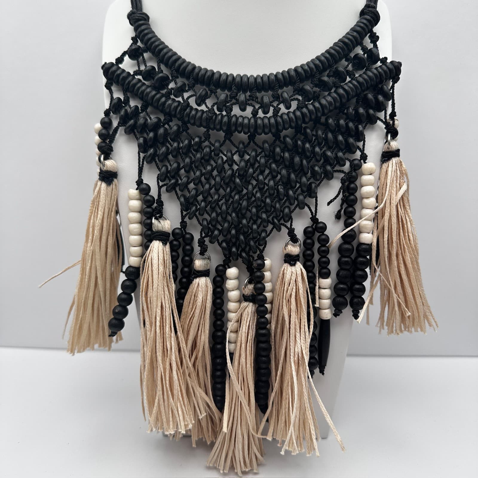 Vintage Chico's 90s Boho Bib Necklace Black Beads Beige Raffia Tassels Jewelry - Image 1