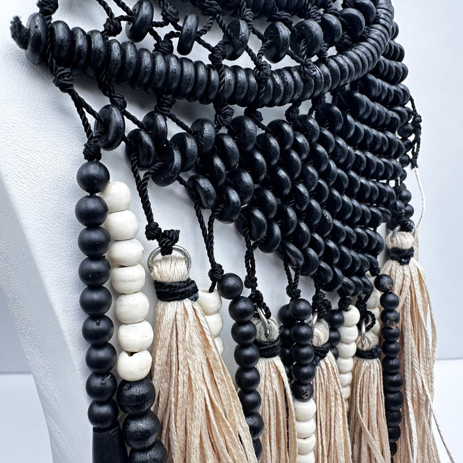 Vintage Chico's 90s Boho Bib Necklace Black Beads Beige Raffia Tassels Jewelry - Thumbnail 2