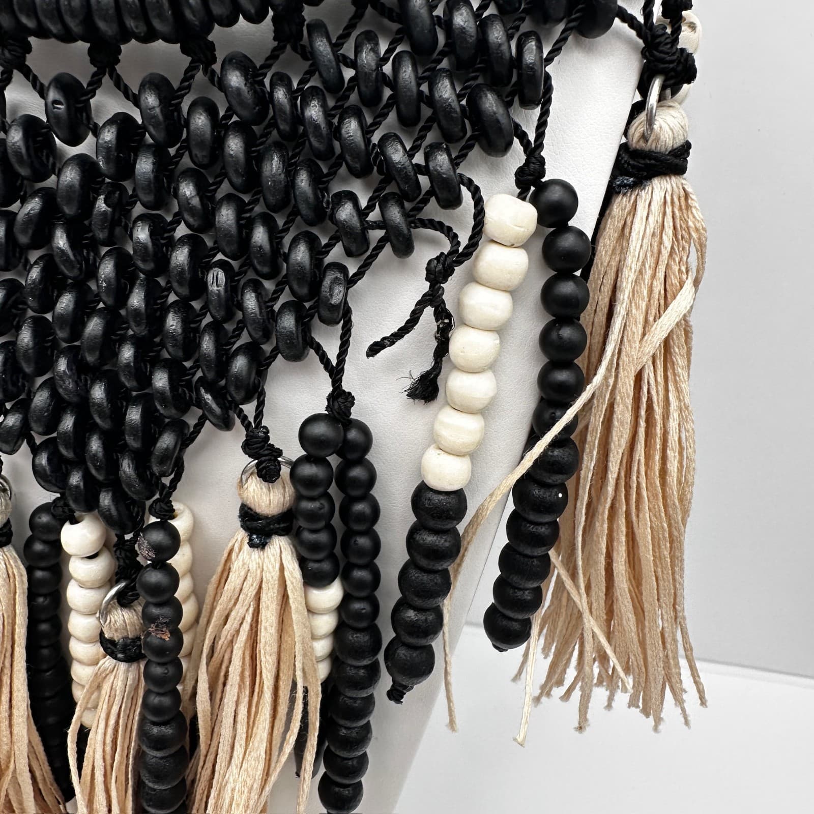 Vintage Chico's 90s Boho Bib Necklace Black Beads Beige Raffia Tassels Jewelry - Thumbnail 5