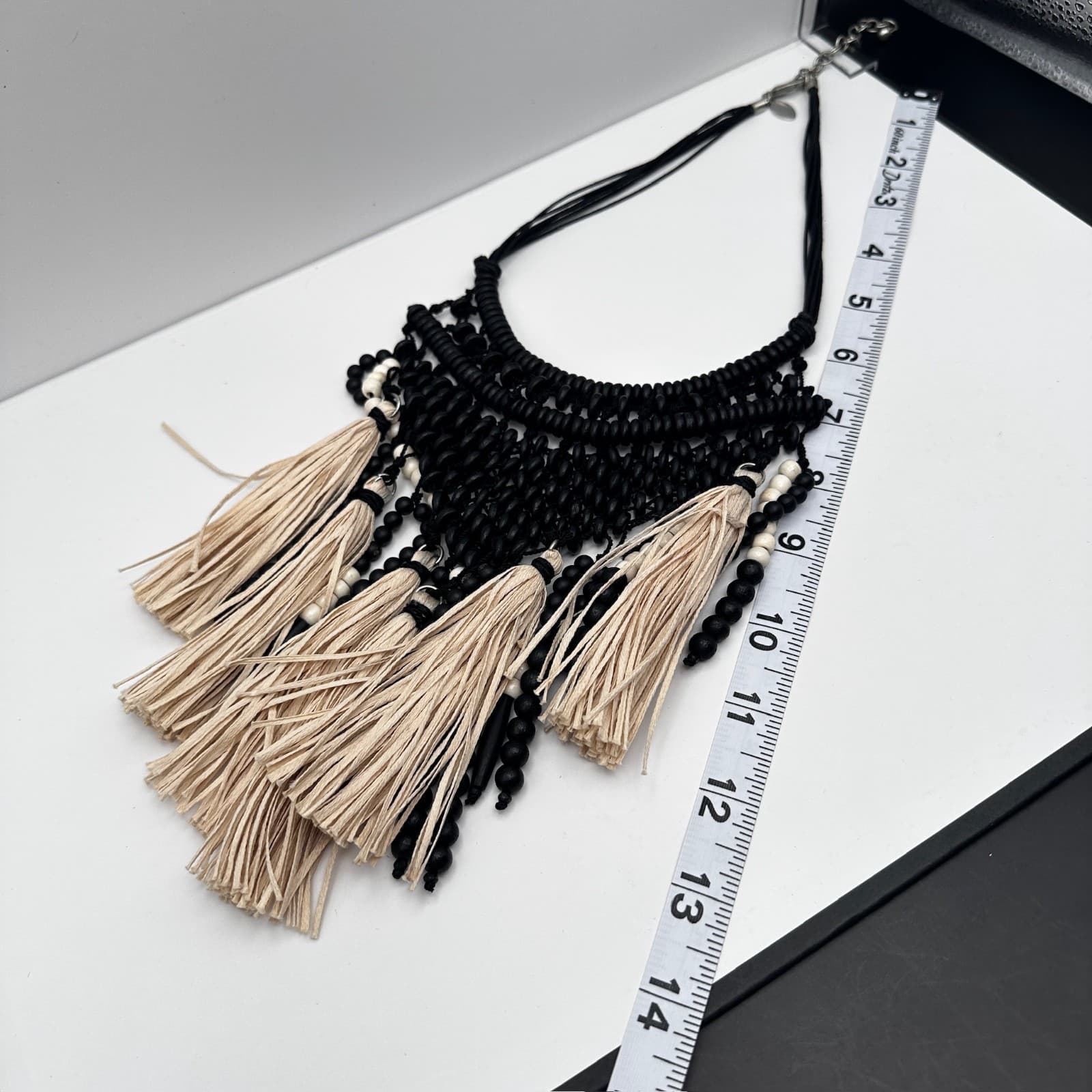 Vintage Chico's 90s Boho Bib Necklace Black Beads Beige Raffia Tassels Jewelry - Thumbnail 8