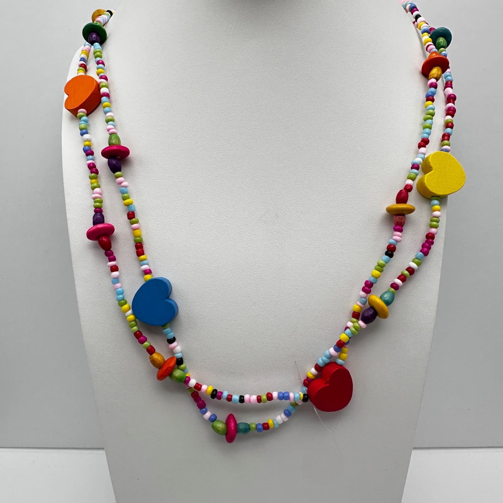 Vintage 90s Multi Color Wood Heart Beaded Necklace Rainbow Boho Long Layering - Thumbnail 3