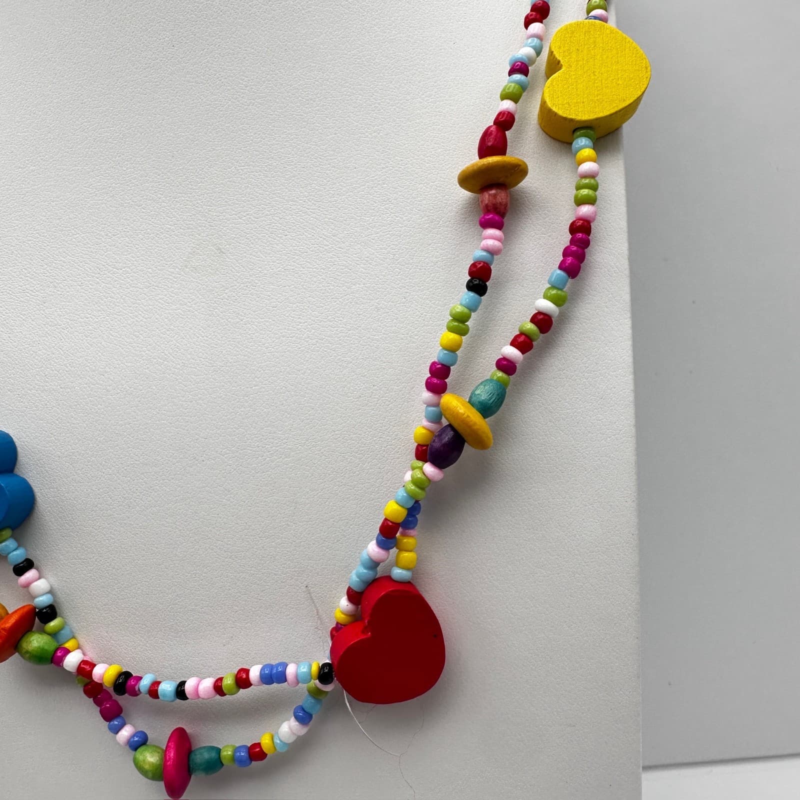 Vintage 90s Multi Color Wood Heart Beaded Necklace Rainbow Boho Long Layering - Thumbnail 5