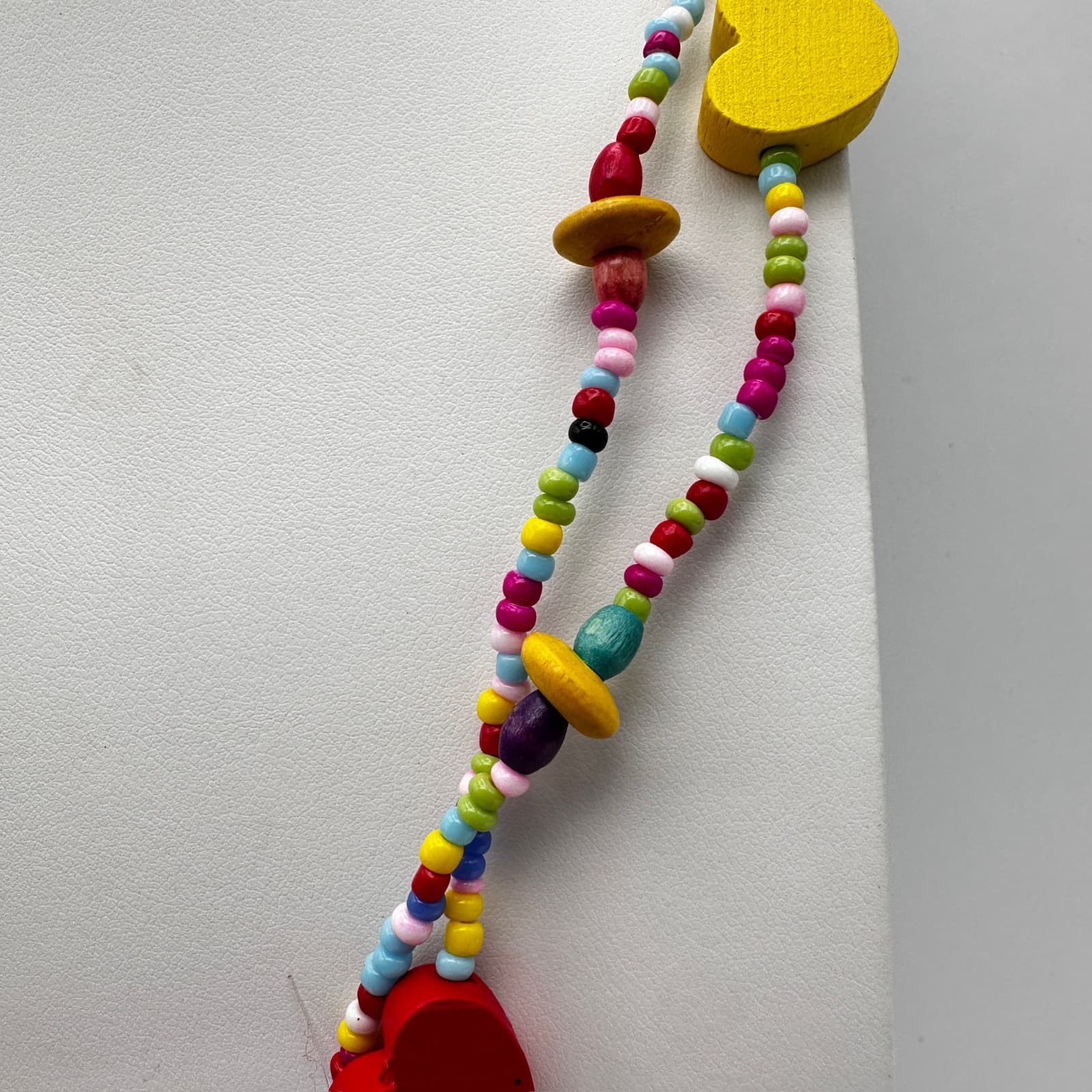 Vintage 90s Multi Color Wood Heart Beaded Necklace Rainbow Boho Long Layering - Thumbnail 6