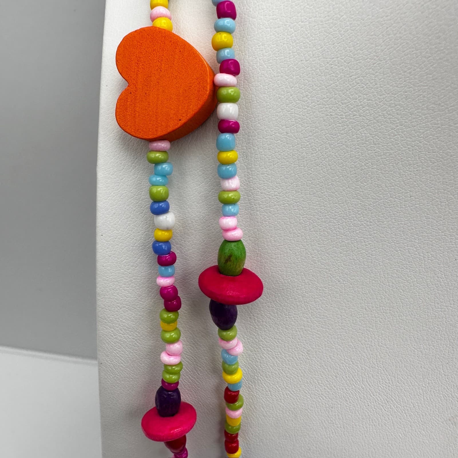 Vintage 90s Multi Color Wood Heart Beaded Necklace Rainbow Boho Long Layering - Thumbnail 7