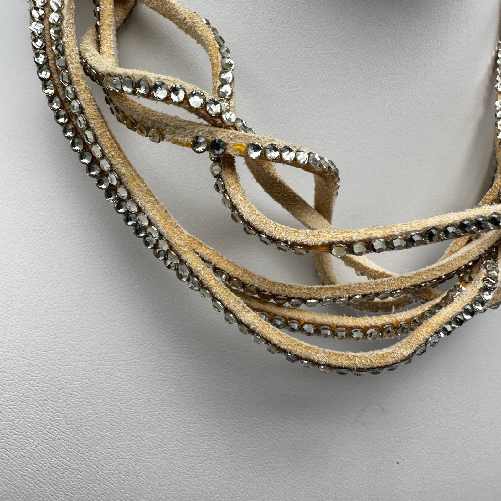 Vintage 90s Tan Suede Leather Multi-Strand Rhinestone Choker Necklace Women's - Thumbnail 3
