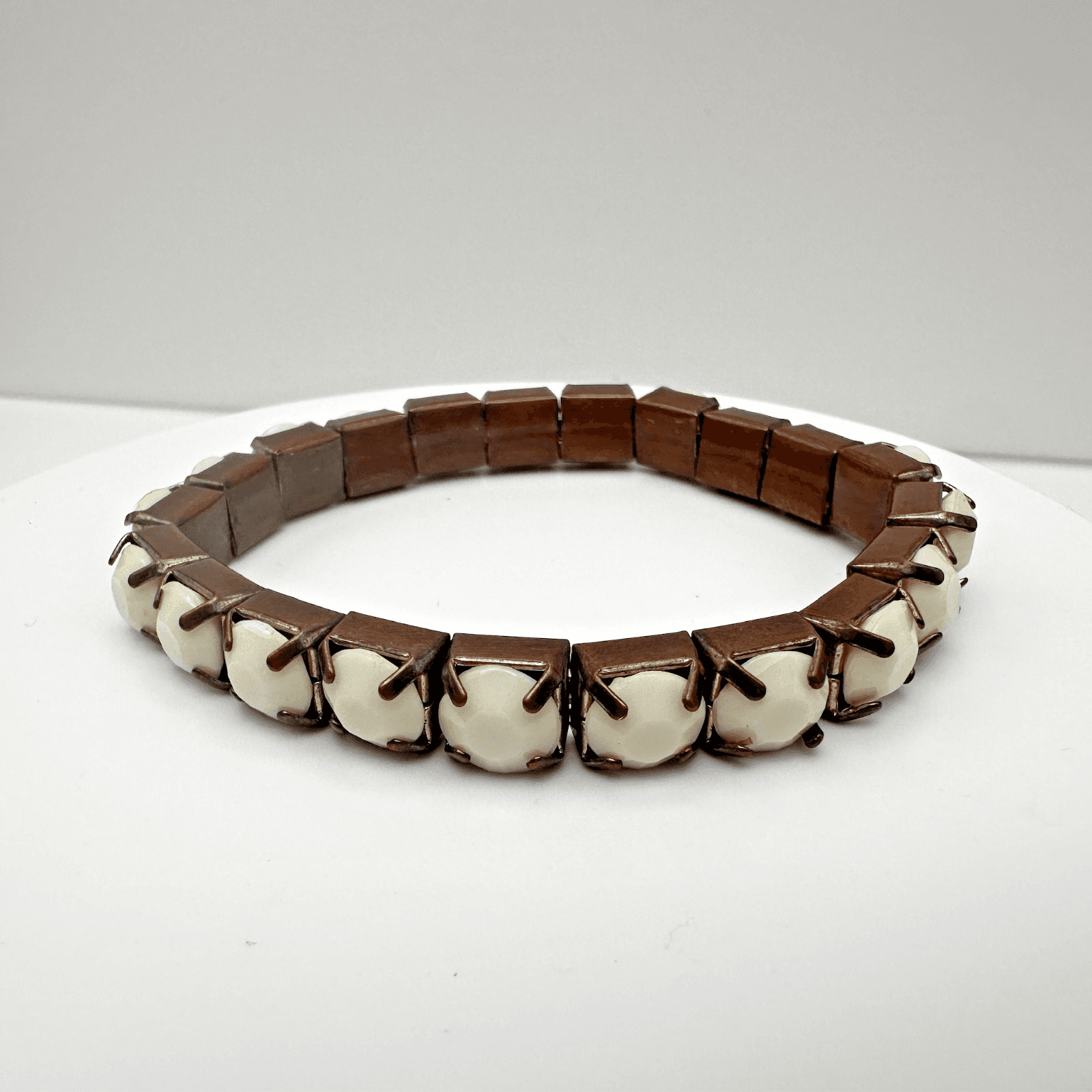 Vintage 80s White Opaque Crystal Bracelet Bronze Tone Women's Jewelry - Image 1
