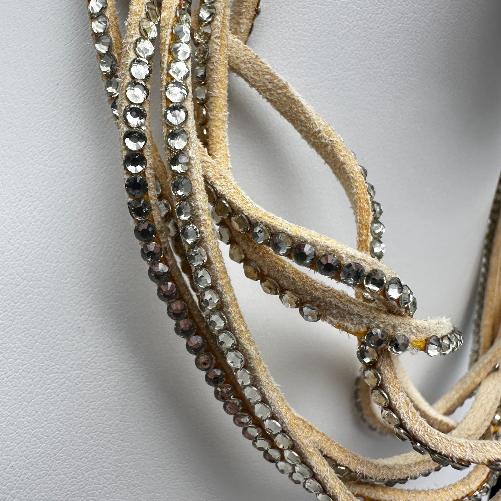 Vintage 90s Tan Suede Leather Multi-Strand Rhinestone Choker Necklace Women's - Thumbnail 5