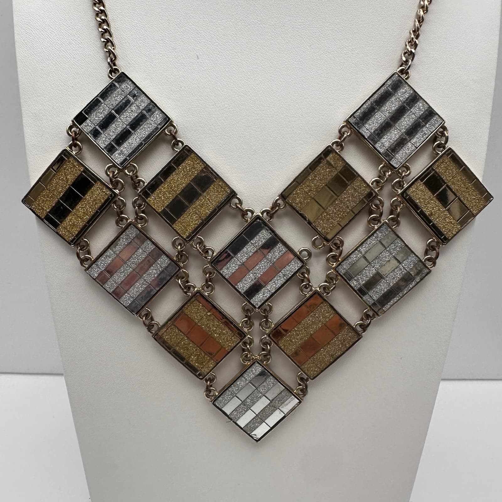 Vintage 90s Geometric Bib Necklace Gold Silver Tone Glitter Link Chain Jewelry - Thumbnail 2