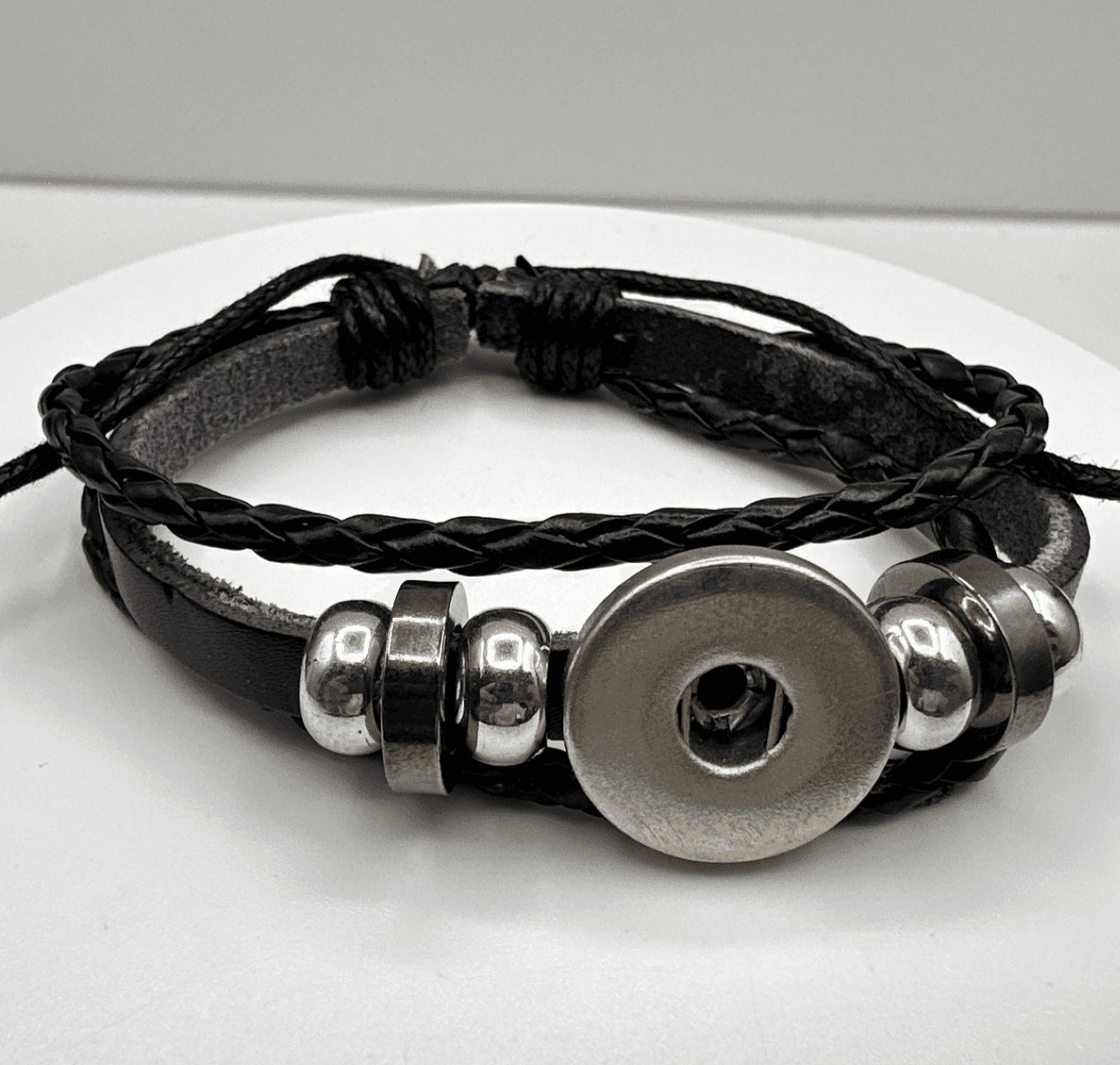 Vintage Y2K Black Braided Leather Bracelet Silver Tone Metal Beads Snap Button - Image 1