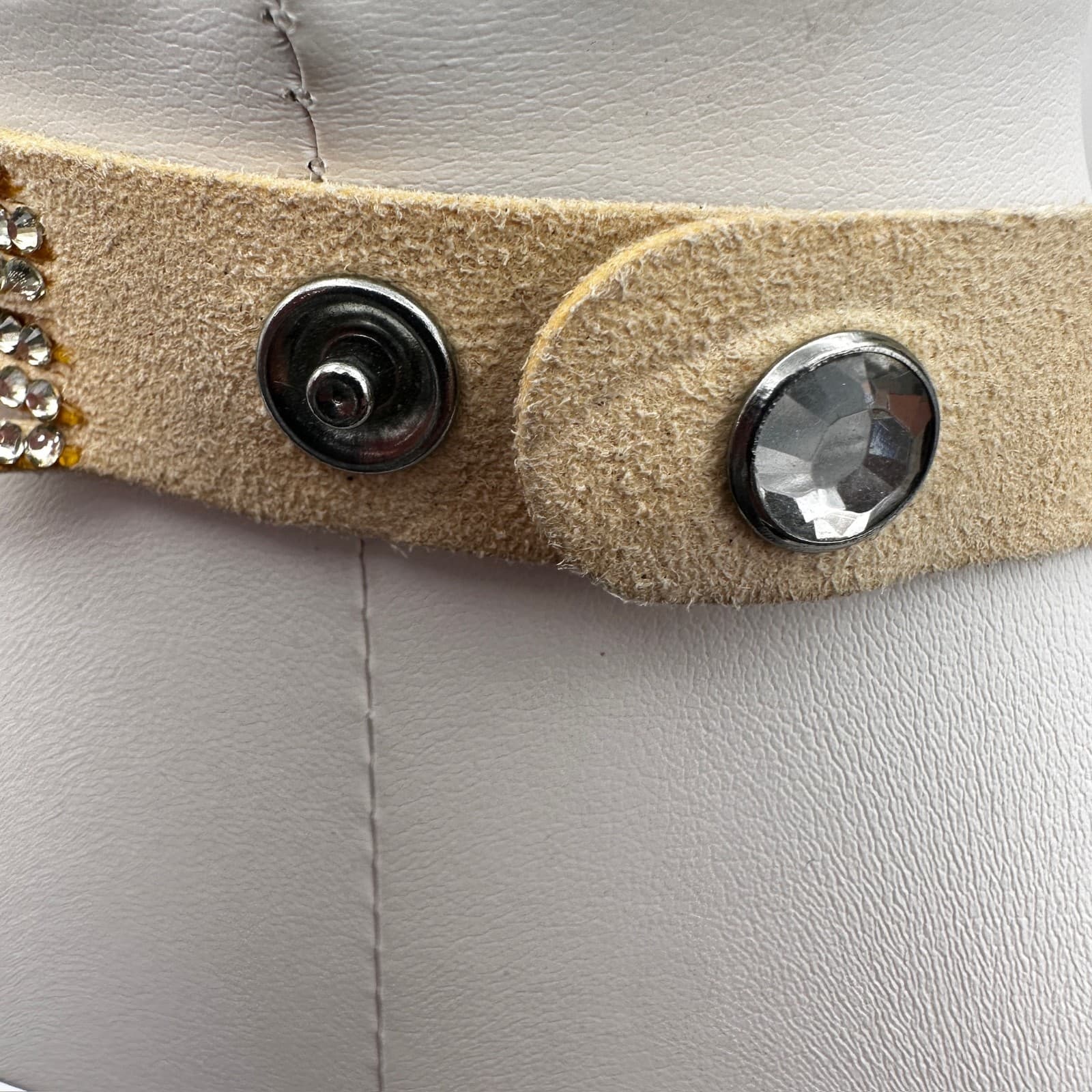 Vintage 90s Tan Suede Leather Multi-Strand Rhinestone Choker Necklace Women's - Thumbnail 7