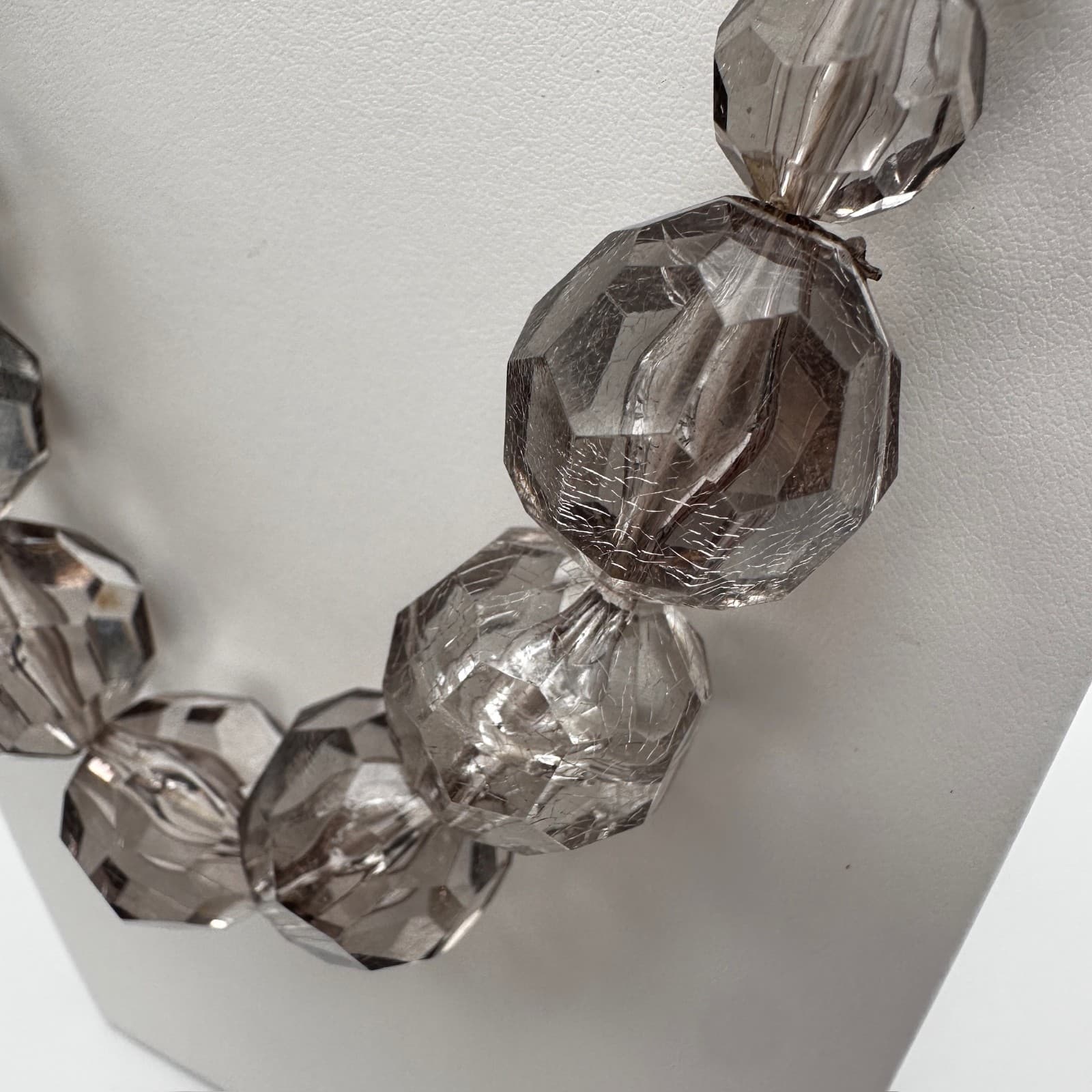 Vintage 90s Smokey Gray Glass Bead Necklace Silver Tone Statement Jewelry - Thumbnail 8