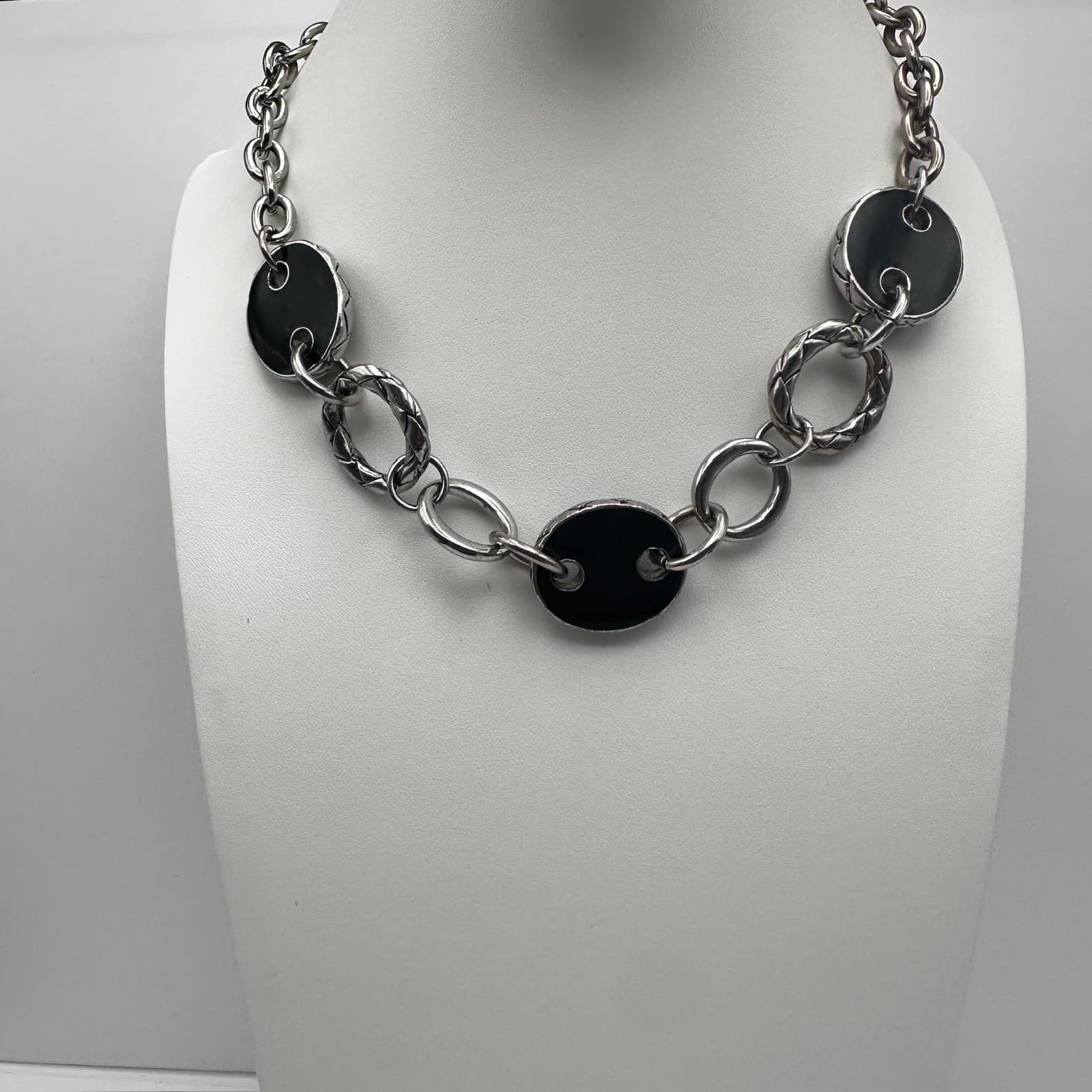 Vintage 90s Chunky Link Necklace Black Oval Inlay Silver Tone Women's Jewelry - Image 1
