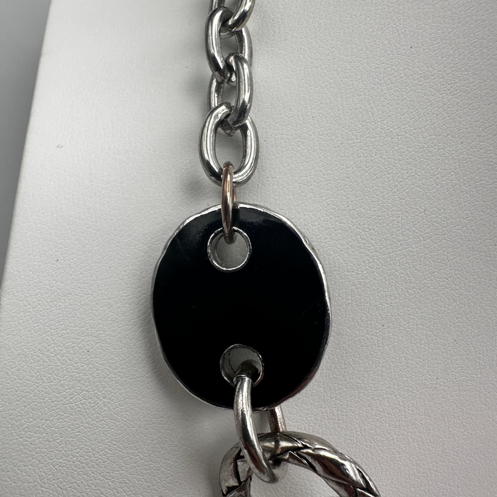 Vintage 90s Chunky Link Necklace Black Oval Inlay Silver Tone Women's Jewelry - Thumbnail 6