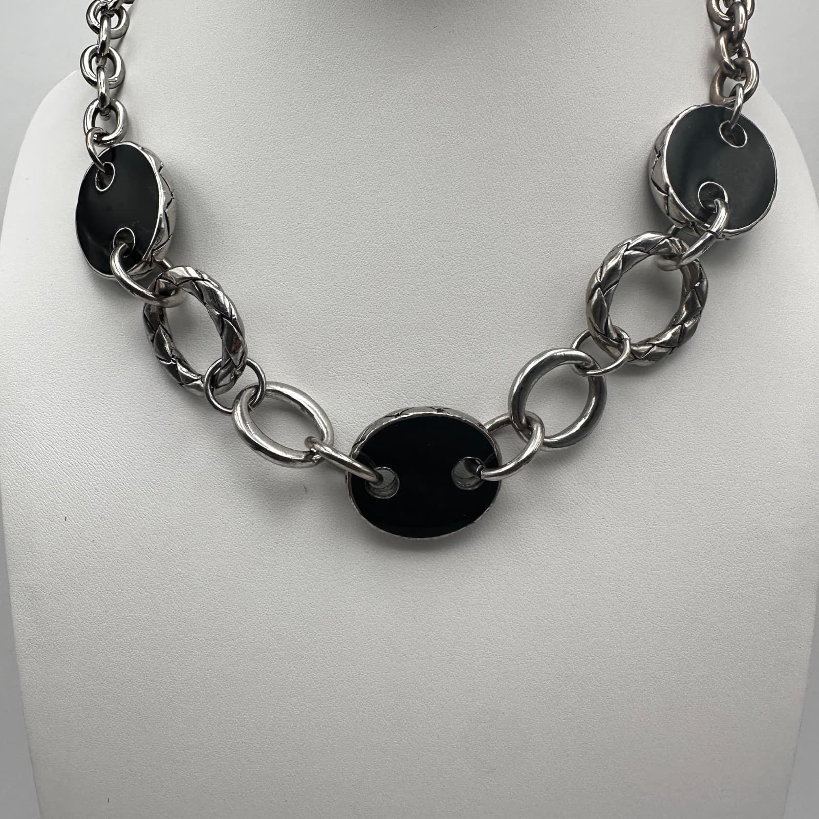 Vintage 90s Chunky Link Necklace Black Oval Inlay Silver Tone Women's Jewelry - Thumbnail 2