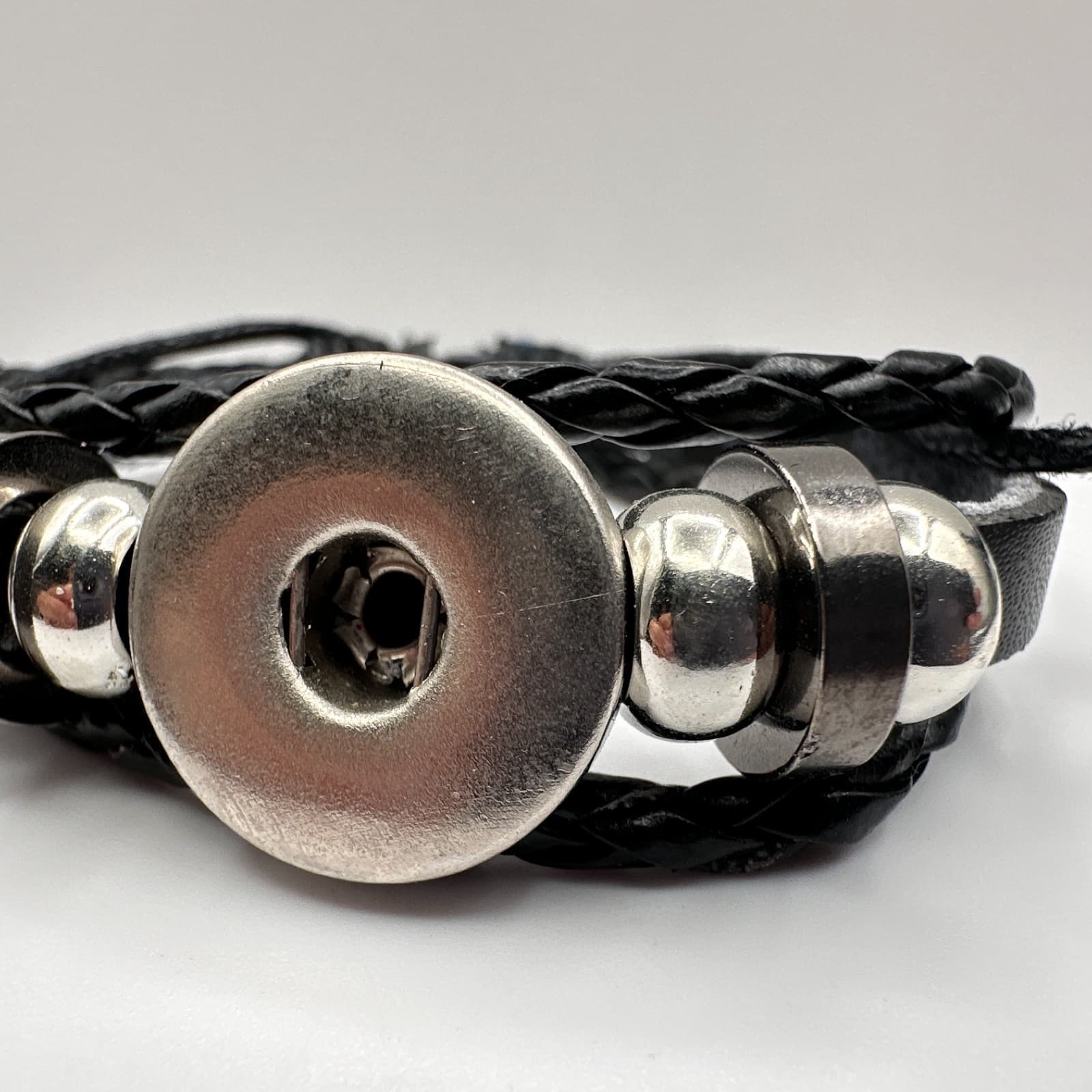 Vintage Y2K Black Braided Leather Bracelet Silver Tone Metal Beads Snap Button - Thumbnail 4