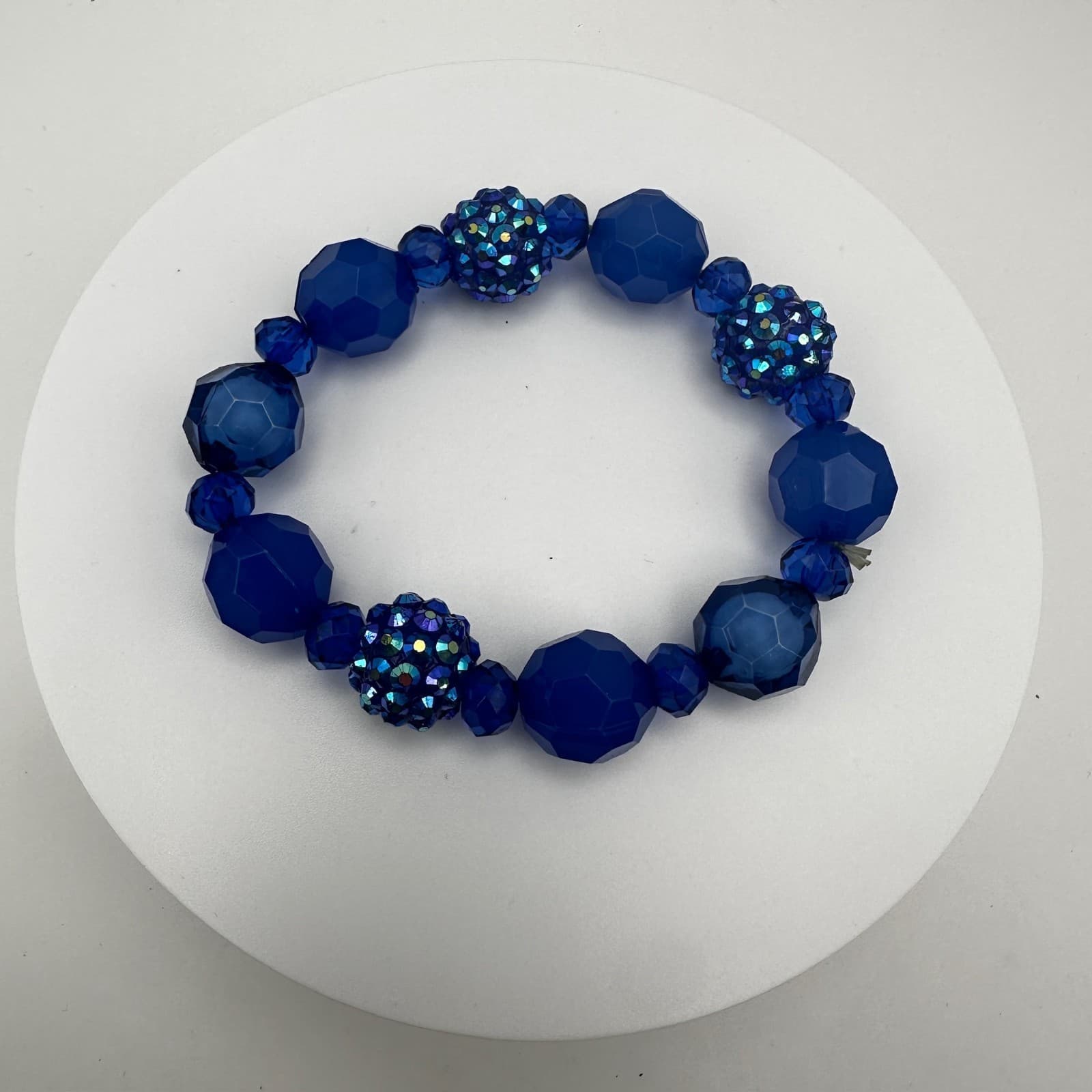 VTG 90s Blue Crystal Chunky Bead Bracelet Disco Ball Sparkly Women's Jewelry - Thumbnail 2