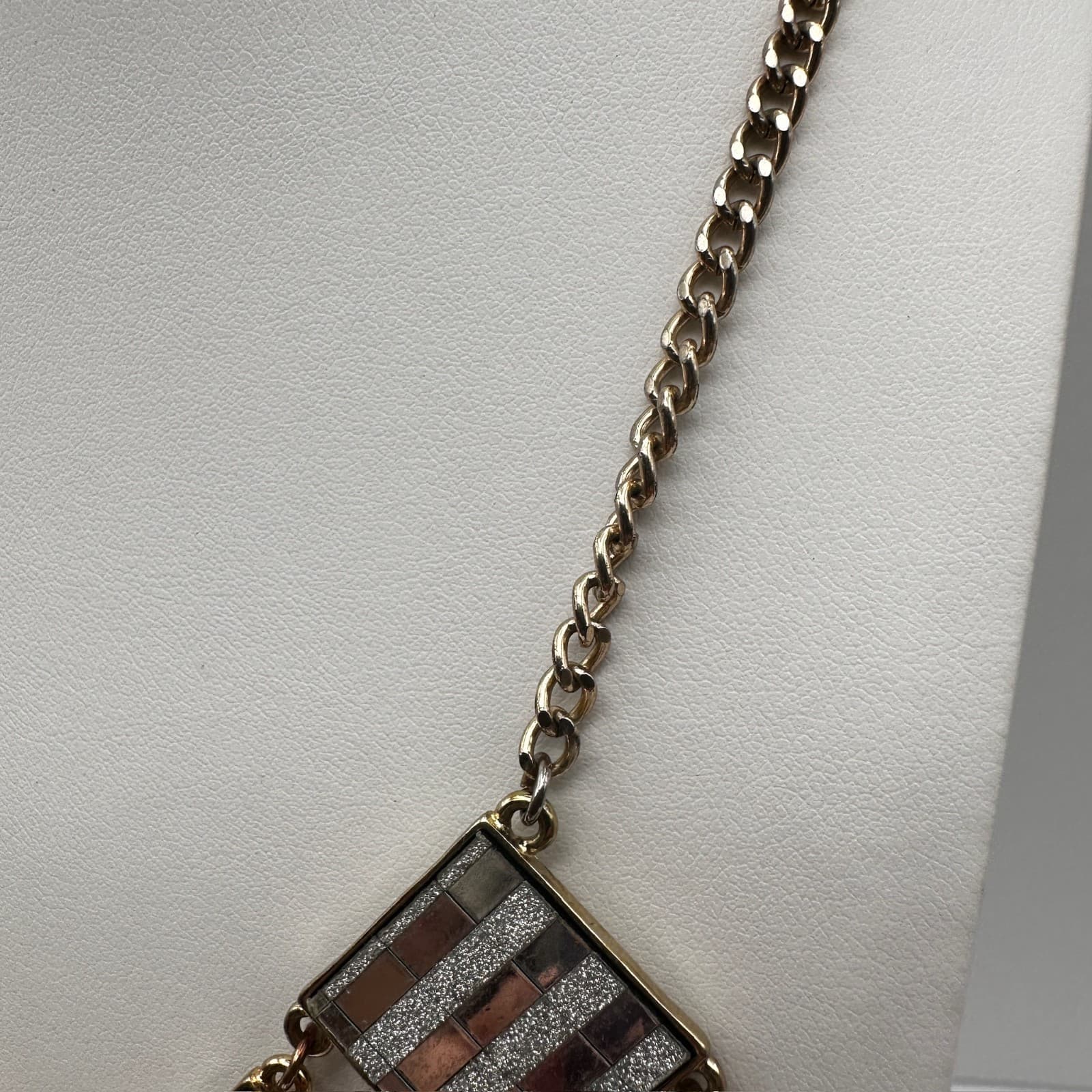 Vintage 90s Geometric Bib Necklace Gold Silver Tone Glitter Link Chain Jewelry - Thumbnail 7