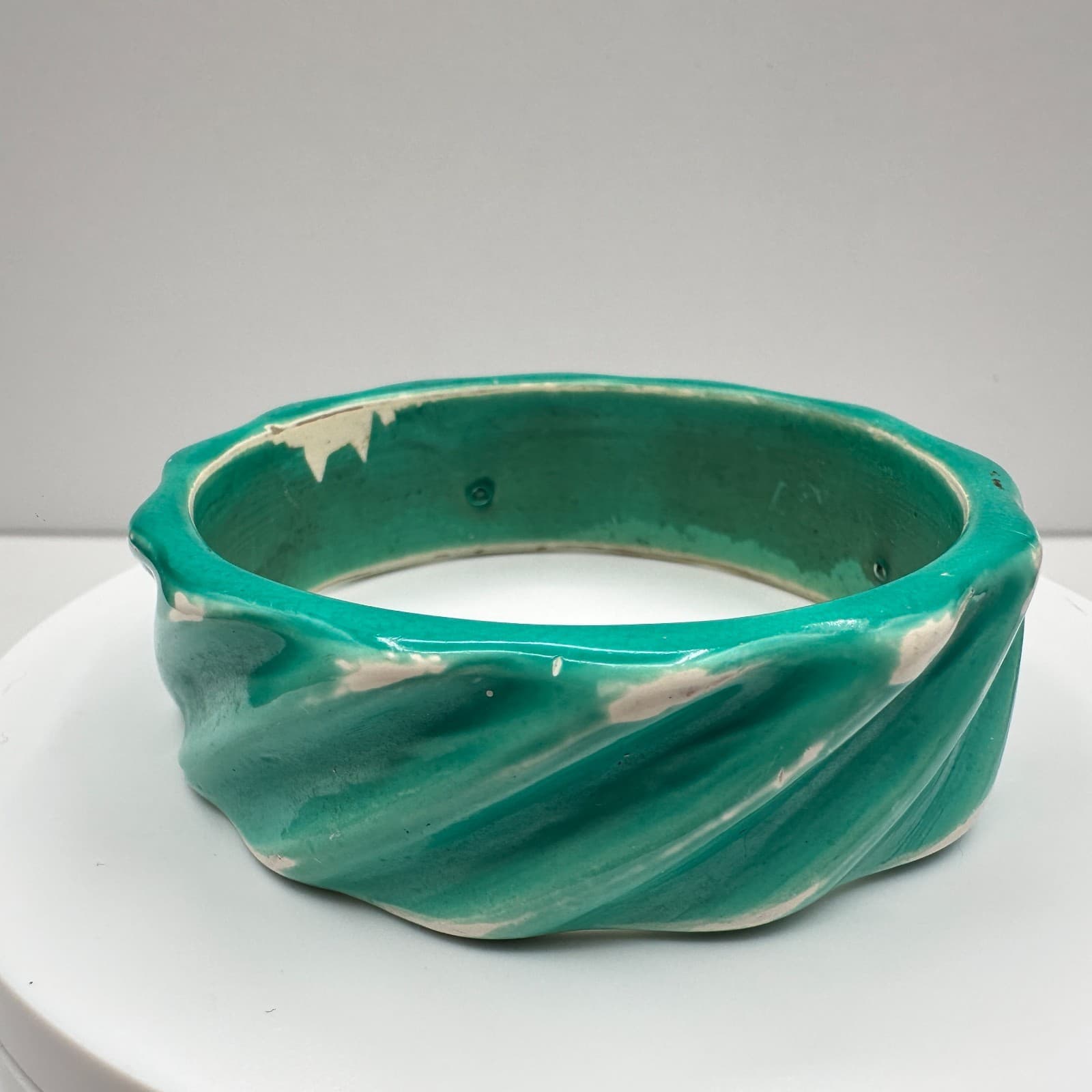 Vintage 80s See Green Ceramic Bracelet Twisted Ribbed Chunky Pottery Jewelry - Thumbnail 8