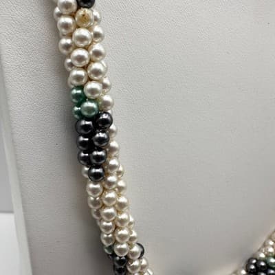 Vintage 80s Faux Pearl Twisted Rope Necklace & Earrings Set Silver Tone Women's - Thumbnail 5