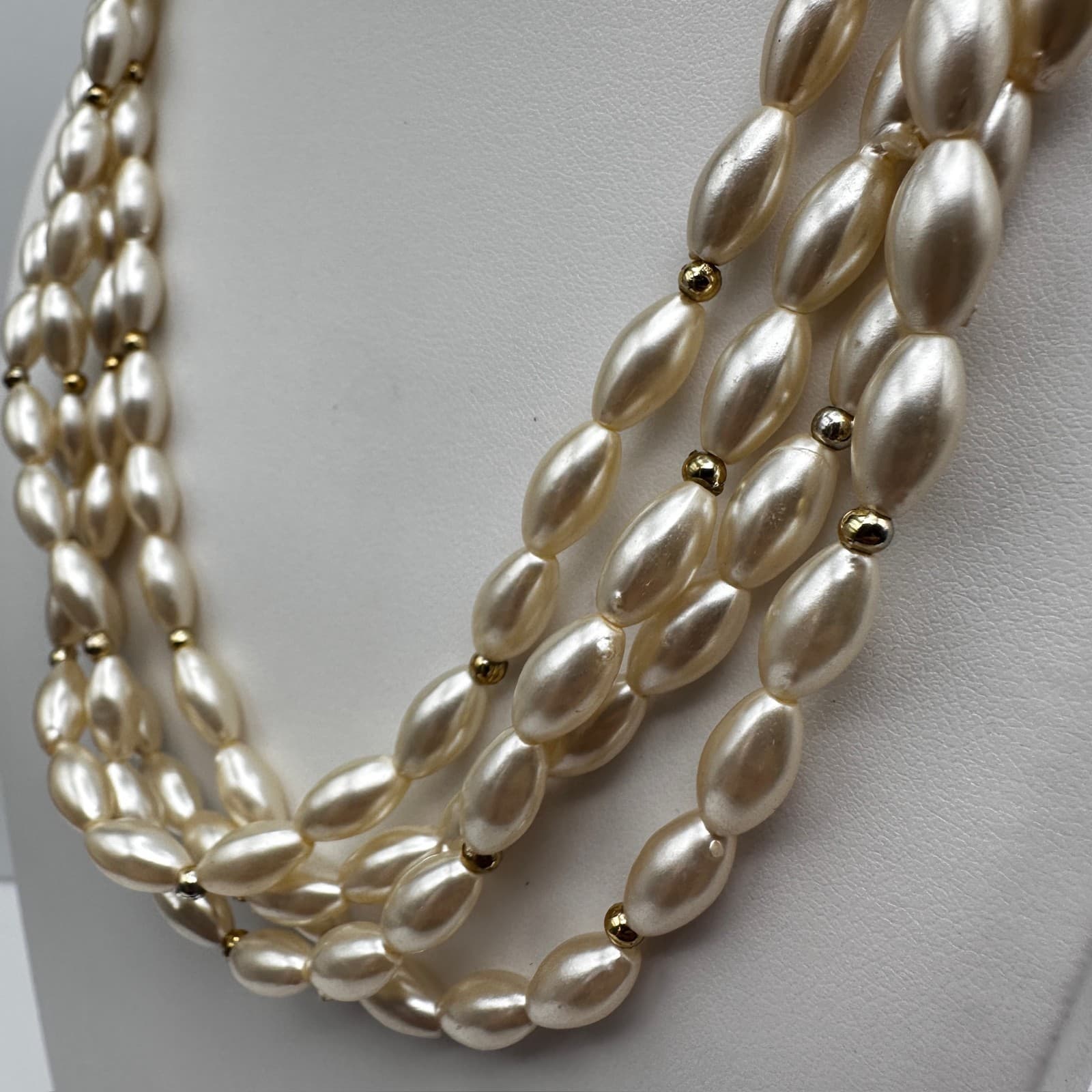 Vintage 80s Cream Faux Pearl Multi Strand Necklace Gold Tone Women's Jewelry - Thumbnail 6