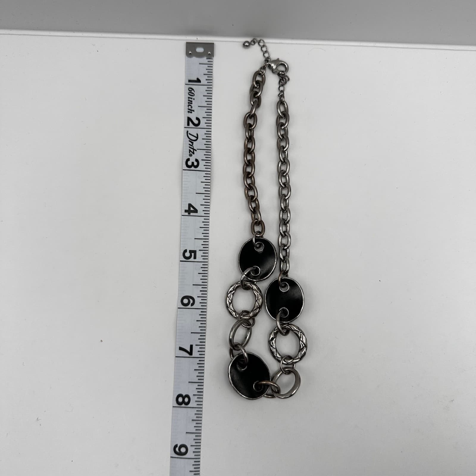 Vintage 90s Chunky Link Necklace Black Oval Inlay Silver Tone Women's Jewelry - Thumbnail 9