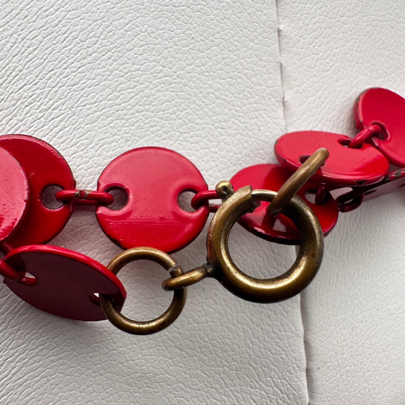 Vintage 90s Red Enamel Disc Long Chain Necklace Bronze Tone Women's Jewelry - Thumbnail 6