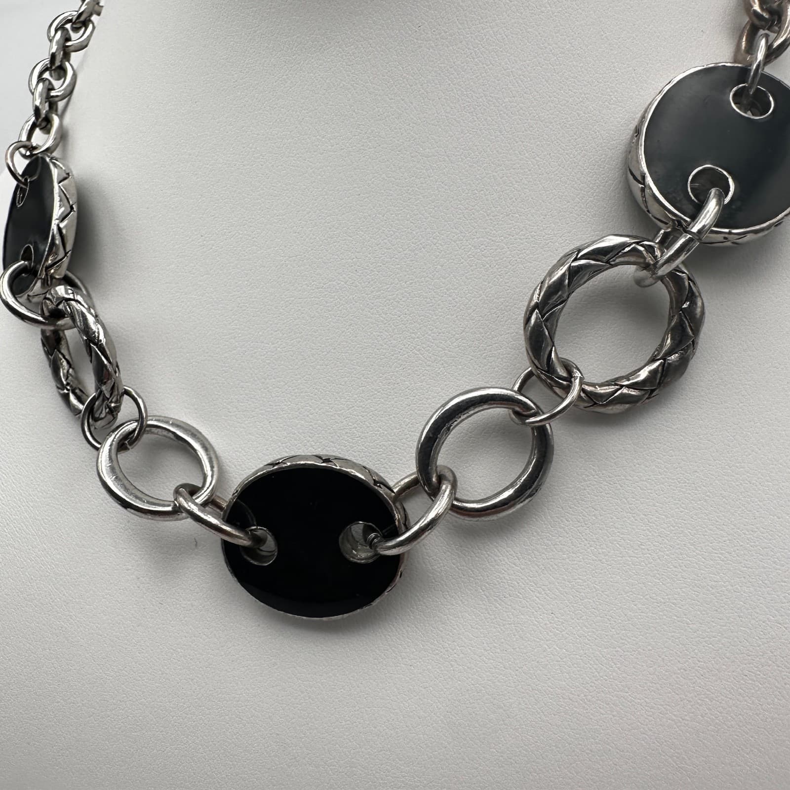 Vintage 90s Chunky Link Necklace Black Oval Inlay Silver Tone Women's Jewelry - Thumbnail 4
