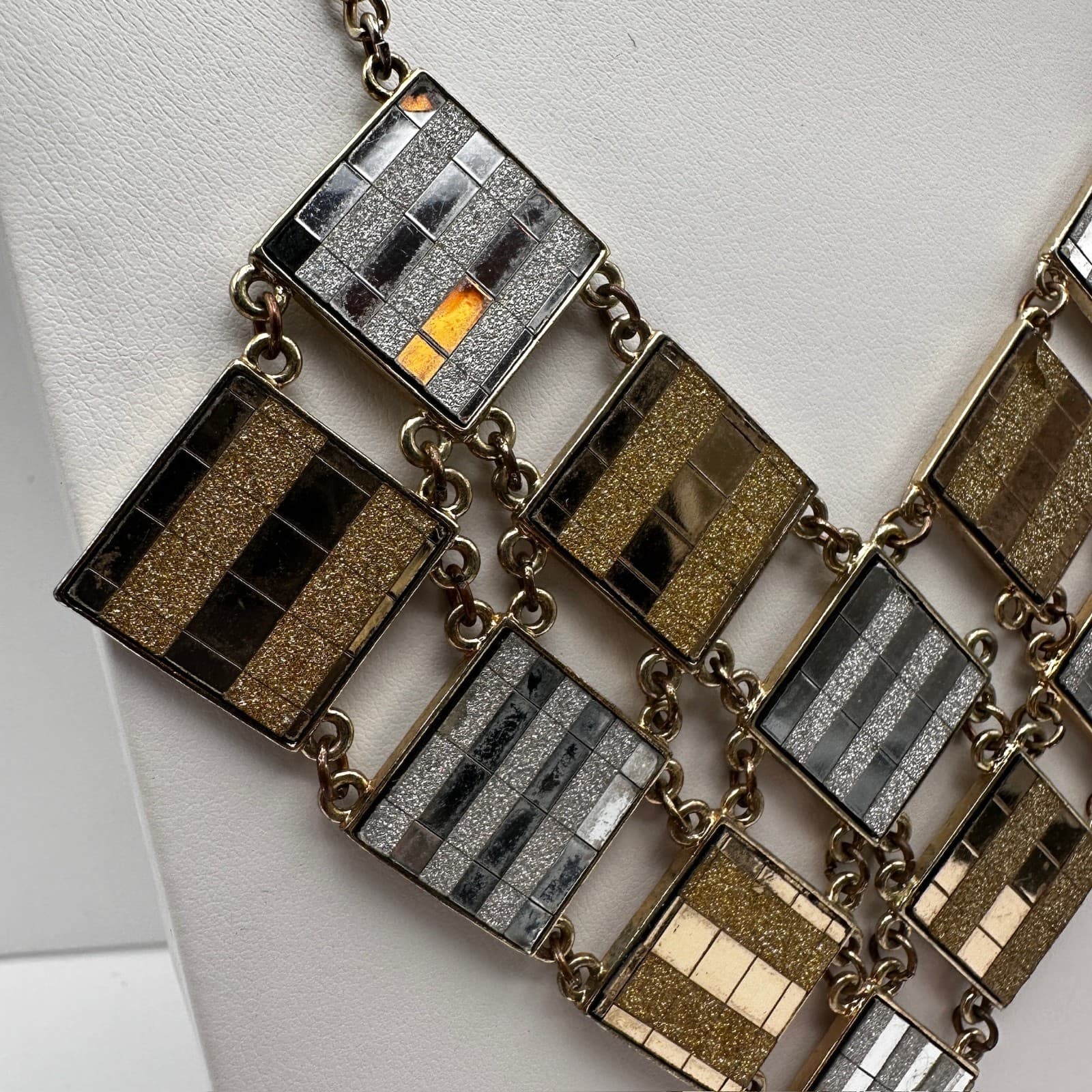 Vintage 90s Geometric Bib Necklace Gold Silver Tone Glitter Link Chain Jewelry - Thumbnail 4