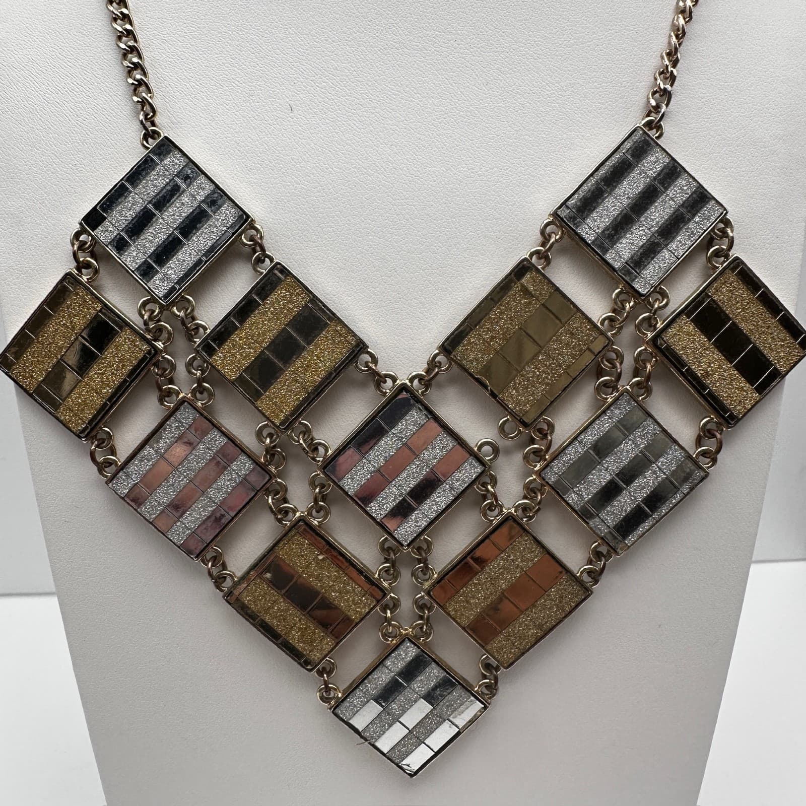 Vintage 90s Geometric Bib Necklace Gold Silver Tone Glitter Link Chain Jewelry - Thumbnail 9