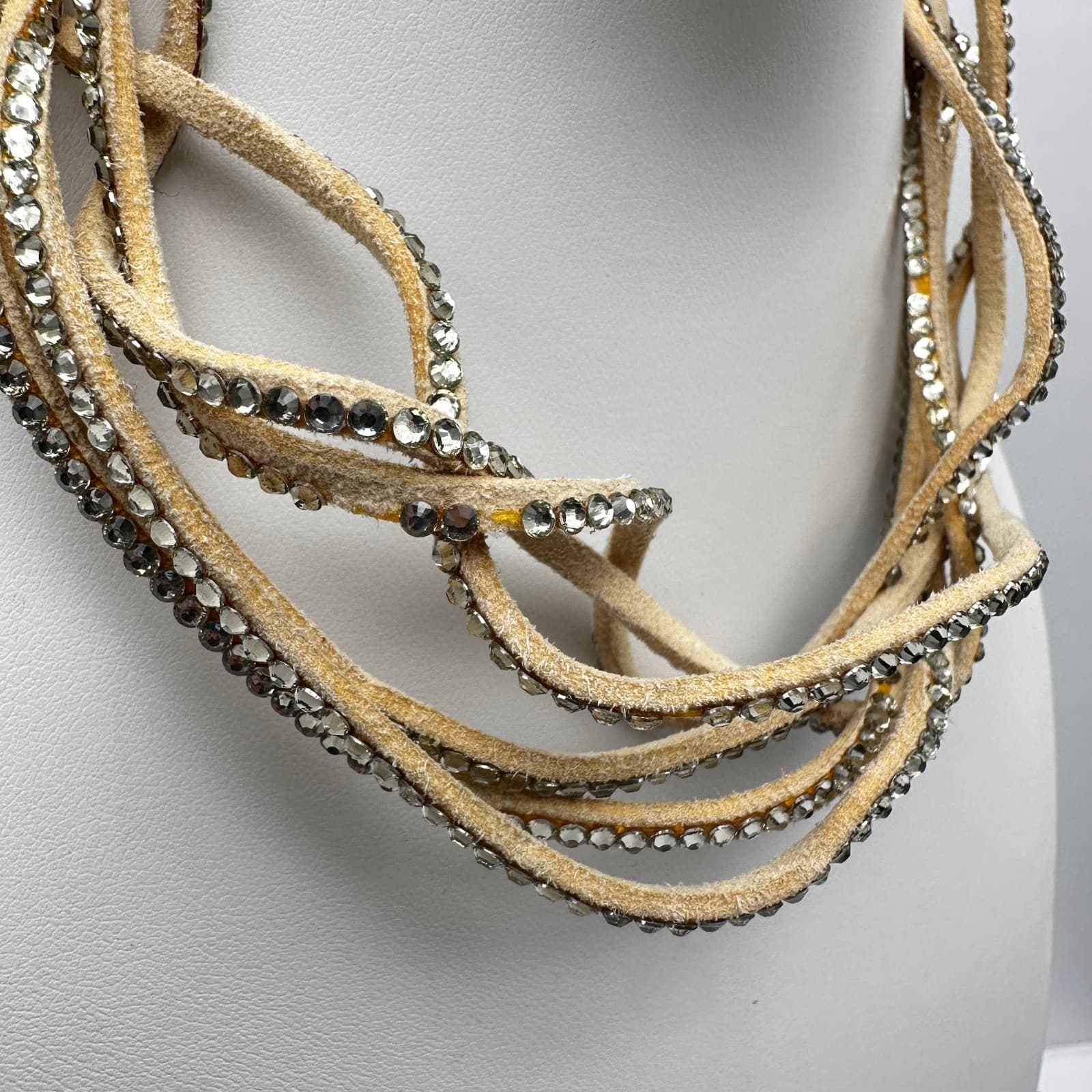 Vintage 90s Tan Suede Leather Multi-Strand Rhinestone Choker Necklace Women's - Thumbnail 4